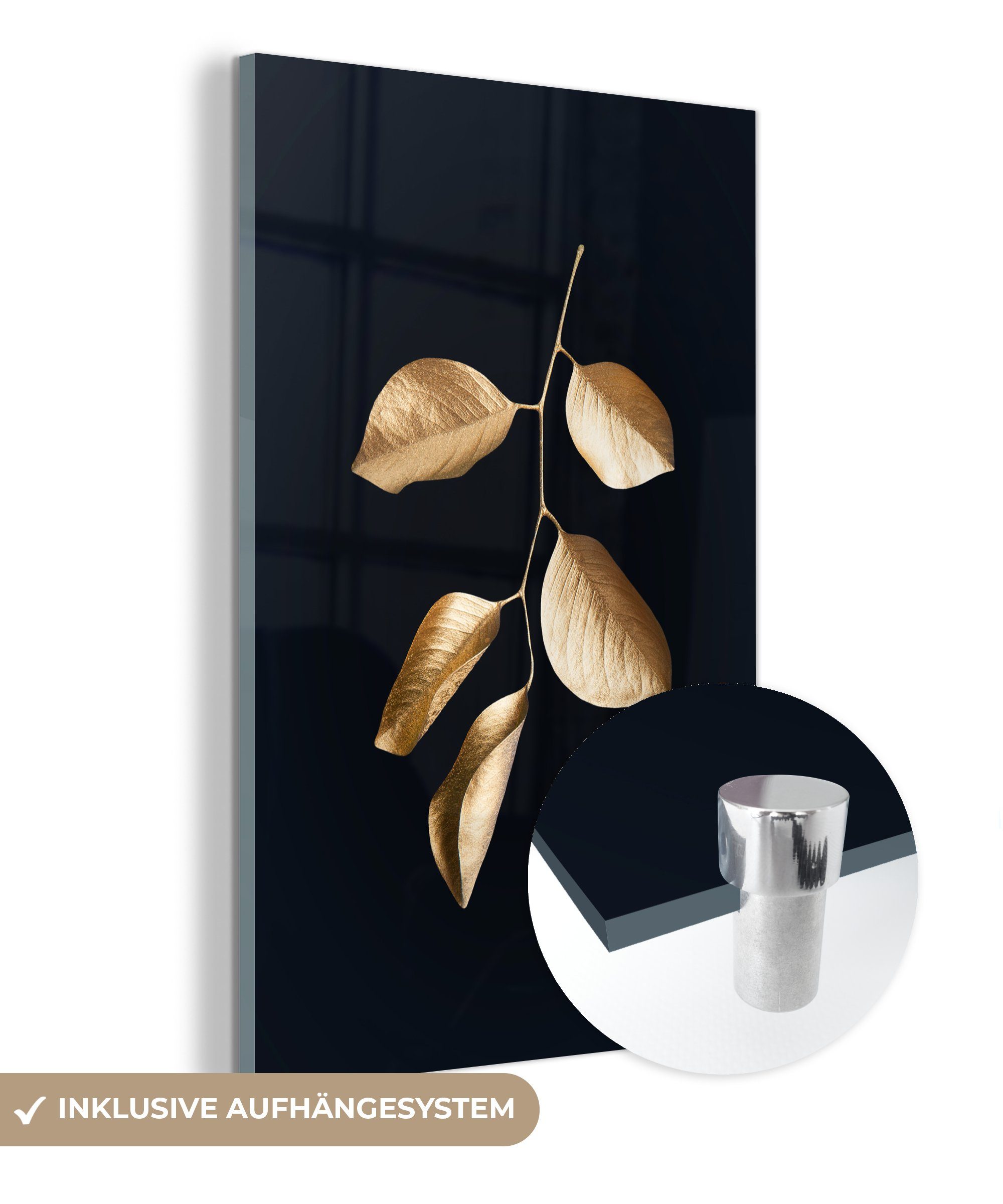 MuchoWow Acrylglasbild Blätter - Schwarz und Gold - Luxus, (1 St), Glasbilder - Bilder auf Glas Wandbild - Foto auf Glas - Wanddekoration bunt
