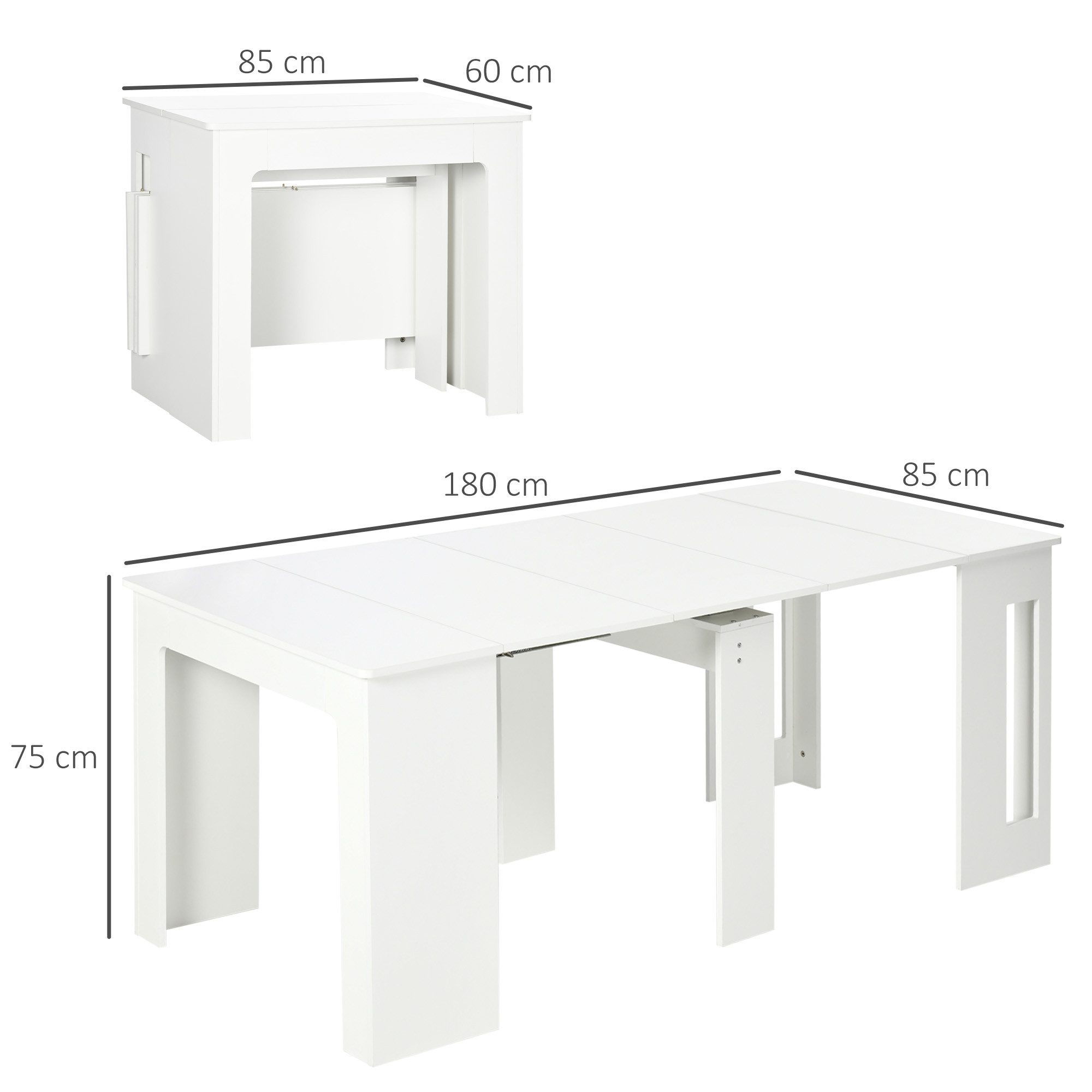 HOMCOM Klapptisch für bis 6 Personen, mit Stahlgleitschienen (Ausziehbar Küchentisch, 1-St., Esstisch), für Wohnzimmer, Esszimmer, Küche, 60-180x85x75 cm, Weiß