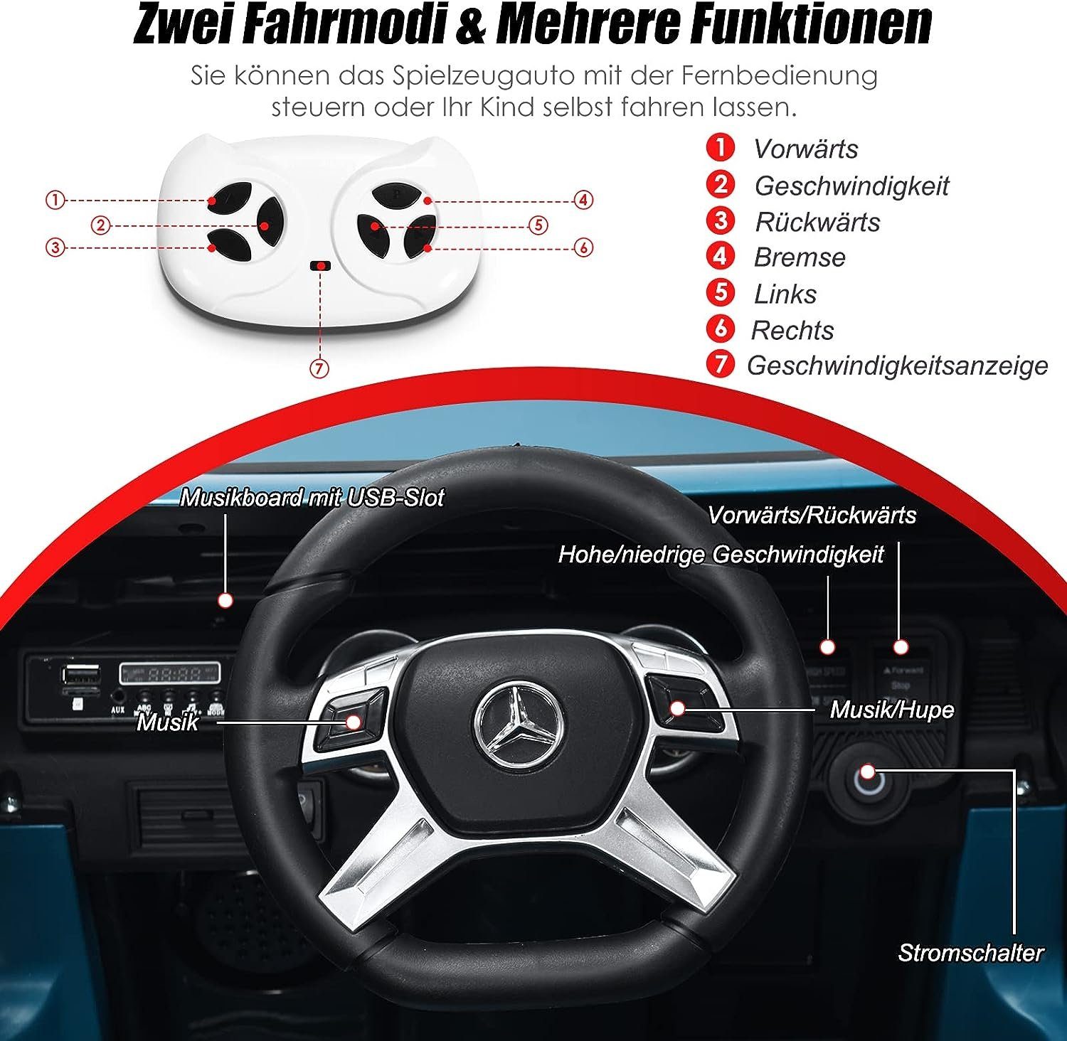 KOMFOTTEU Elektro-Kinderauto Mercedes-Benz, 2,5-5,5km/h, USB, MP3, LED-Licht, für Kinder 3-8 Jahre