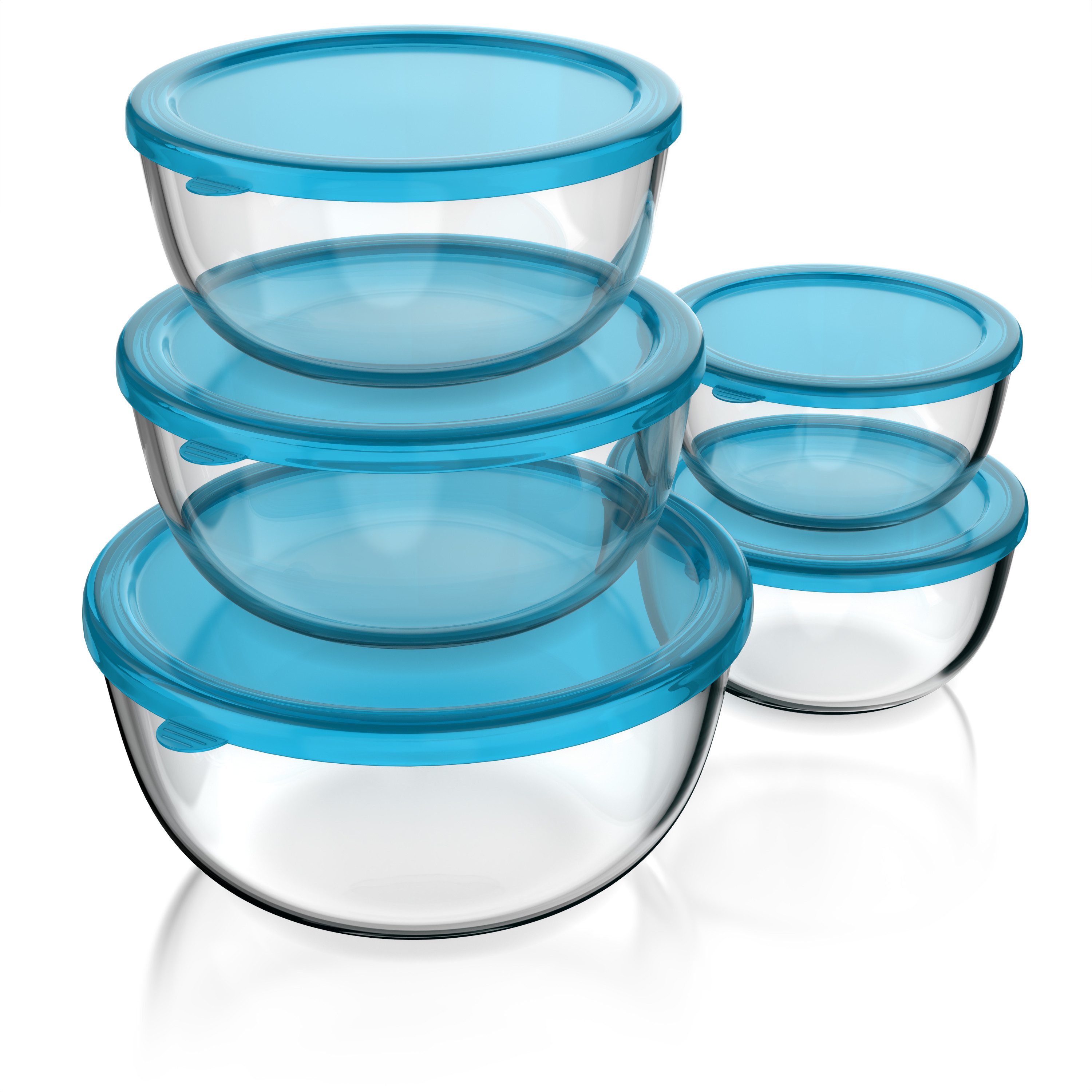 Arendo Salatschüssel 5x Glasschüsseln + Deckel 1L, 1,5L, 2L, 2,7L & 4,4L, Glas Rührschüssel, Glas, (5er Set, 5-tlg), Glasschale, BPA-frei, Spülmaschinen und Mikrowellen geeignet