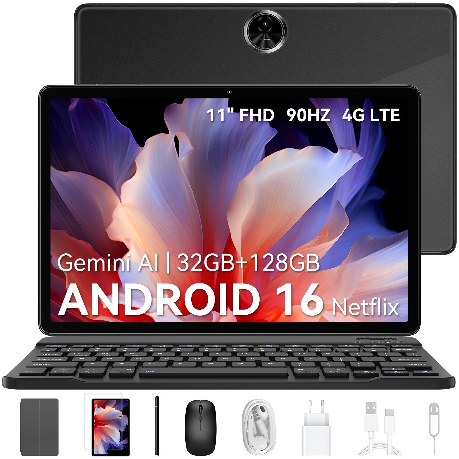 blackview 11 Zoll ZENO 5 Android 16 Tablet 90Hz mit Tastatur Stift Maus Tablet (128 GB, 4G LTE, PC 3,0, Widevine L1, Octa-Core, DokeOS_P 5.0 A16, 32(8+24)GB)