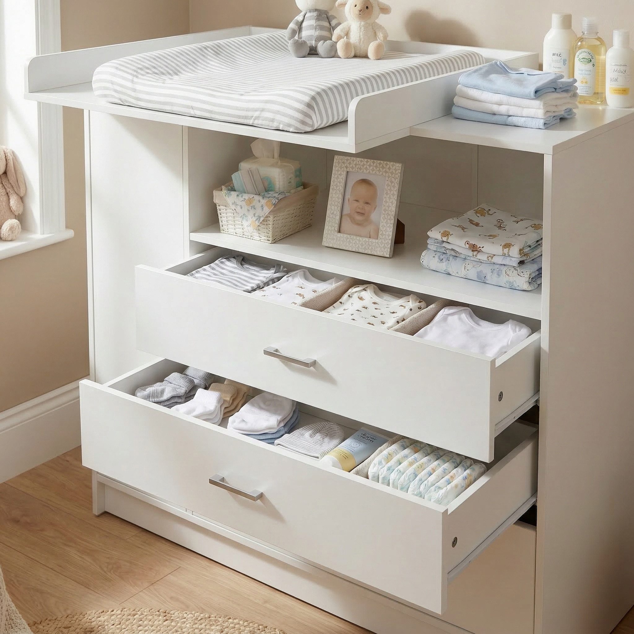 ecoMI Wickelkommode Wickeltisch Kommode mit abnehmbaren Wickelaufsatz in Weiß 113x100 cm, 3 Schubladen 1 Ablagefach 1 Tür mit 2 Fächern Abnehmbare Wickelauflage – Bild 5 von 5