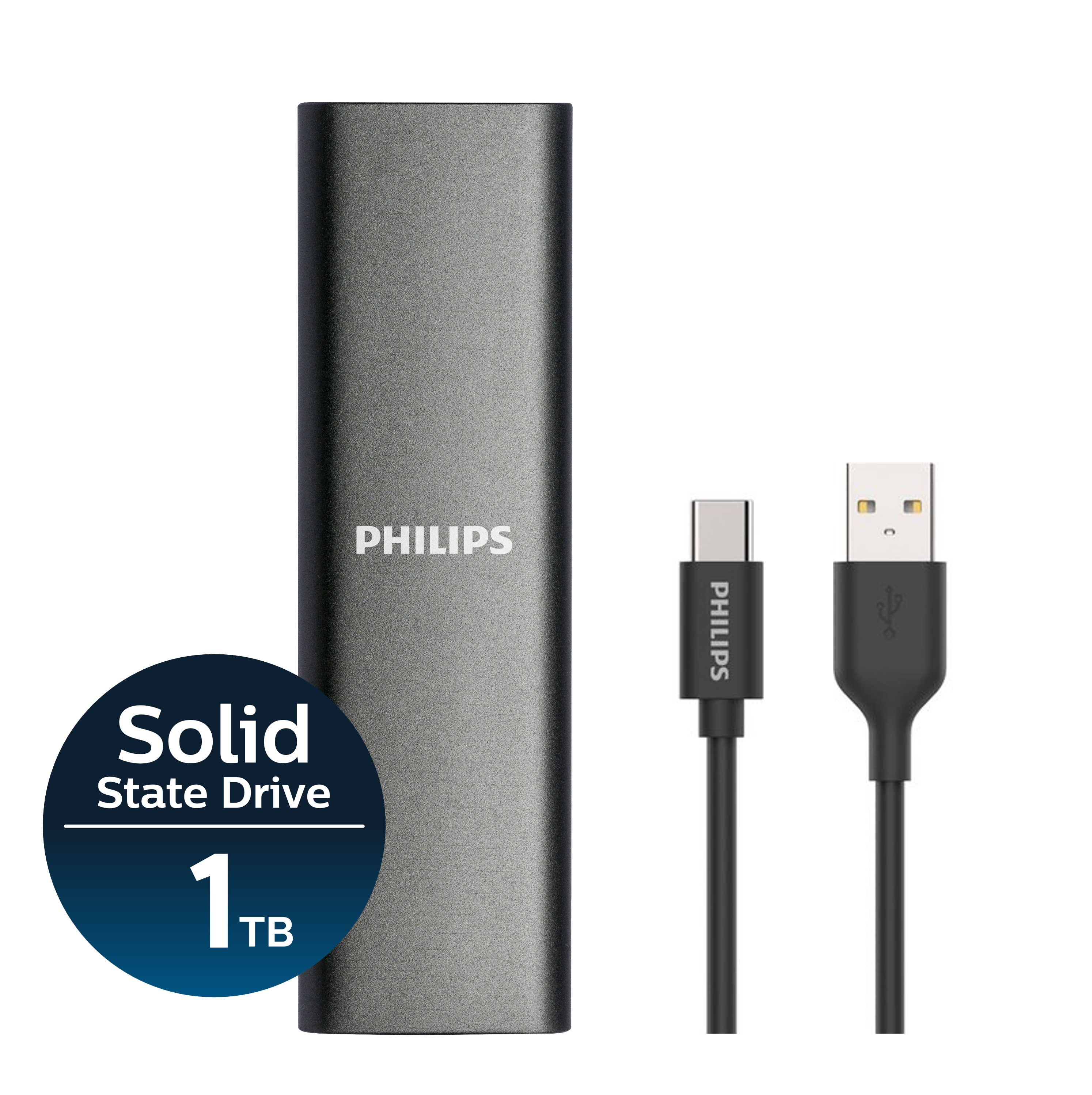 Philips Portable SSD 1TB, FM01SS031P/00 externe SSD (1TB) 520 MB/S Lesegeschwindigkeit, 540 MB/S Schreibgeschwindigkeit, Ultra Speed USB-C 3.2, Space Grey, Aluminium