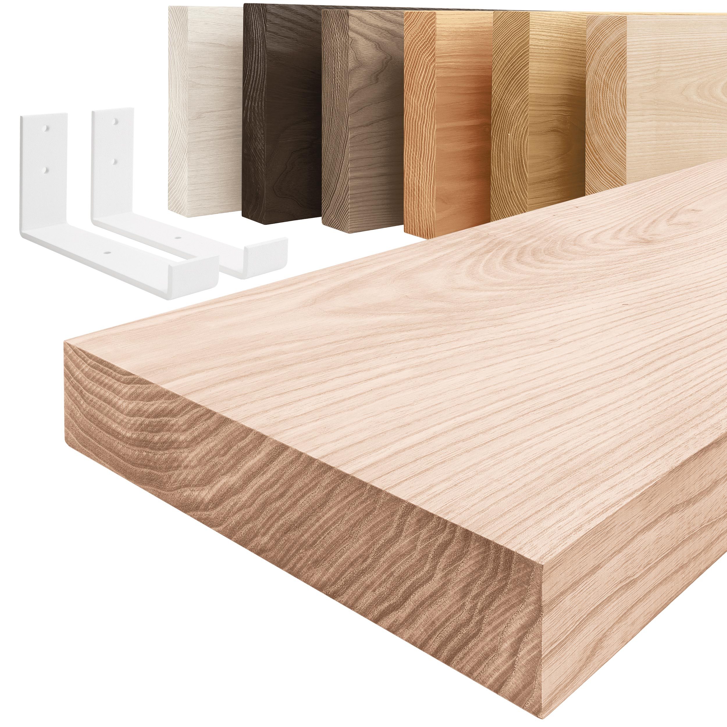 LAMO Manufaktur Wandregal Holz Gerade Regal Farbe: Roh mit weißem Industrial Regalträger 140 cm, Komplett-Set, 40mm stake Massivholzplatte