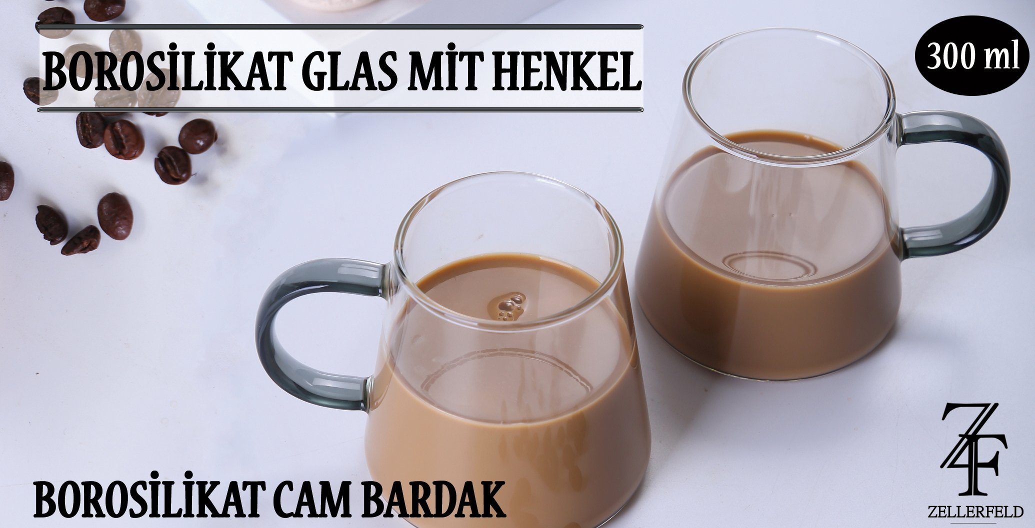 Teeglas 2er Set Borosilikat Glas mit Henkel 300 ml für Kaffee & Tee