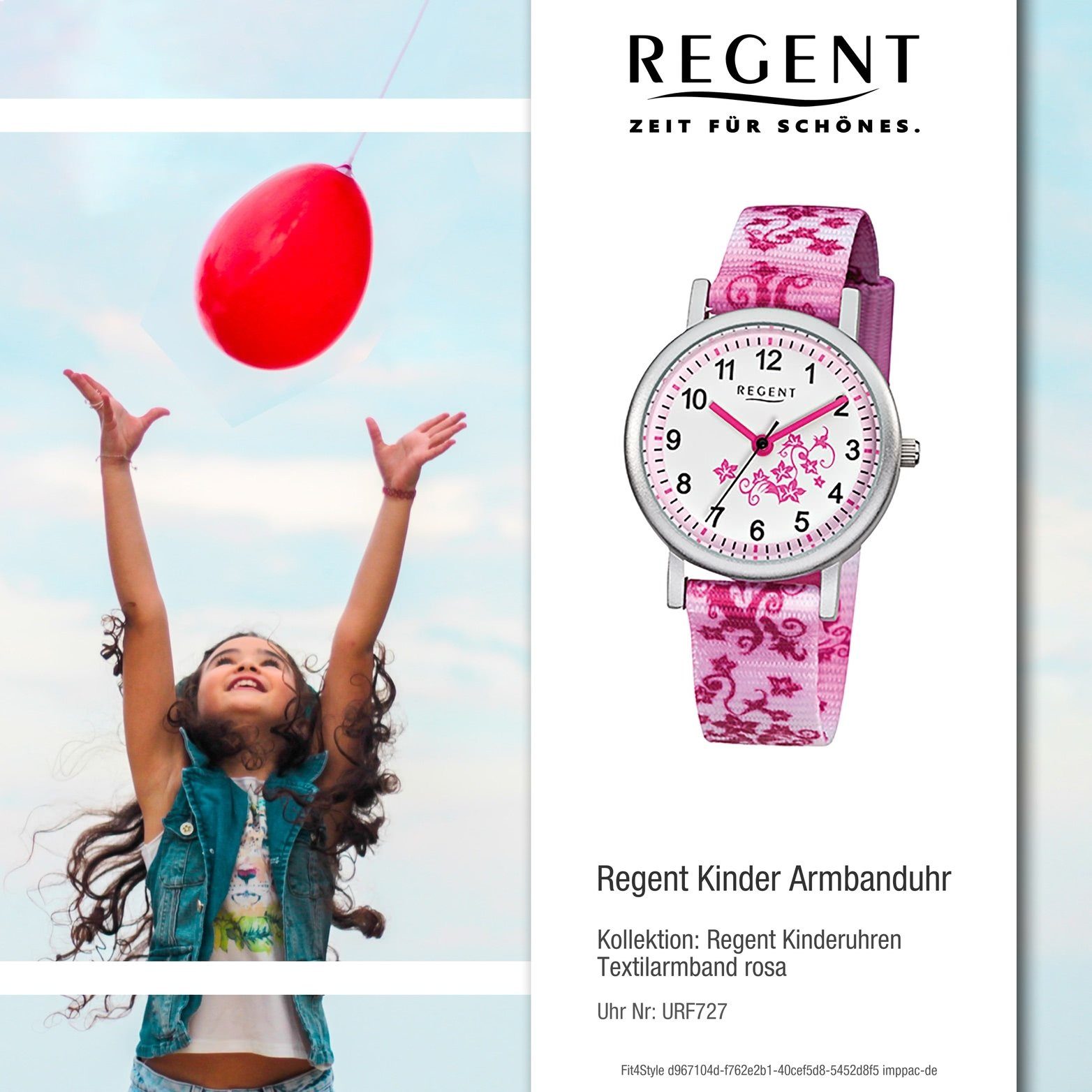 Regent Quarzuhr Regent Textil rundes Uhr klein Gehäuse, F-727 weiß, Kinderuhr Kinder (29mm) Textilarmband Quarzuhr, rosa, pink