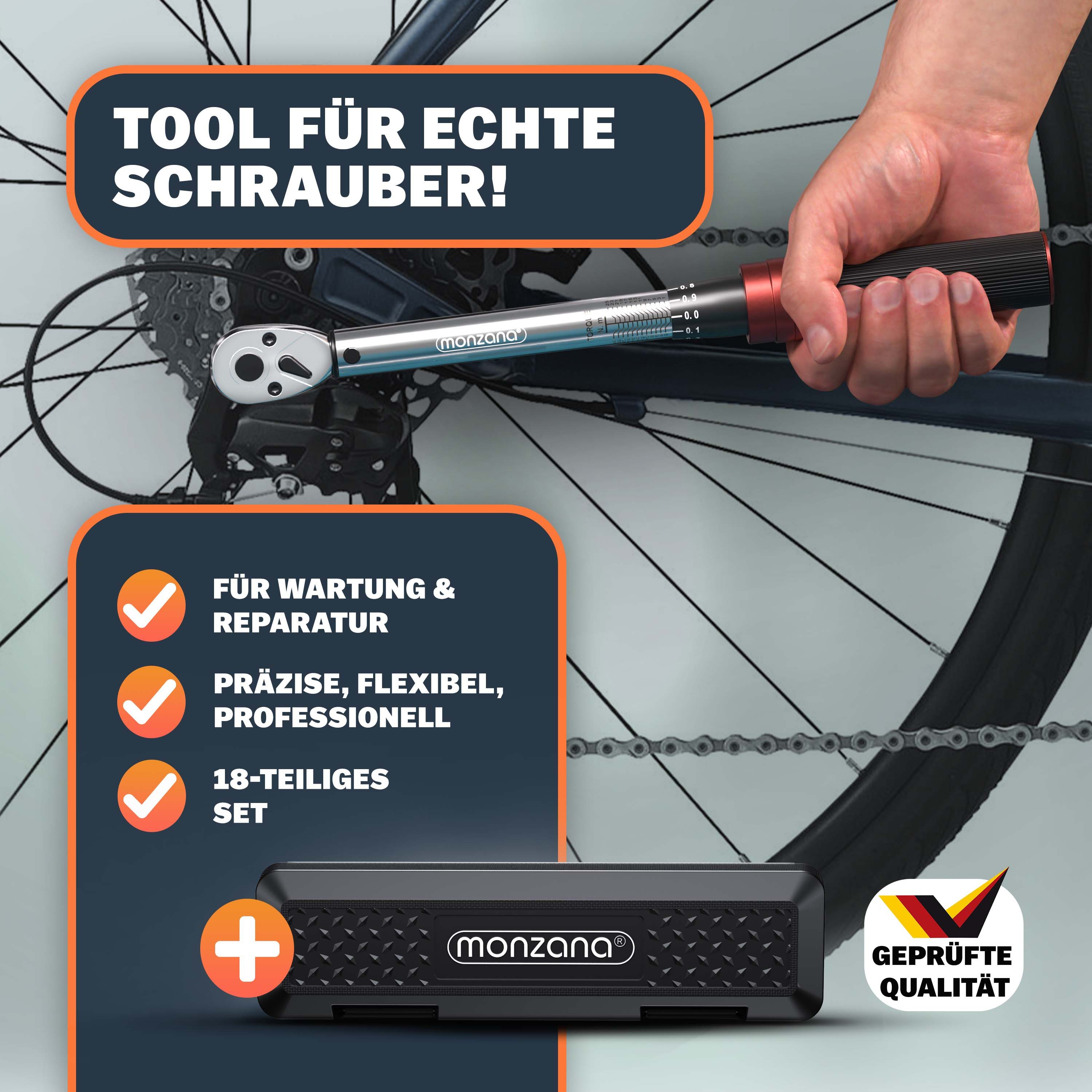 monzana Drehmomentschlüssel Monzana (18 St), 1/4" 1-25 NM ±3% Verlängerung Transportbox Fahrrad Motorrad Set
