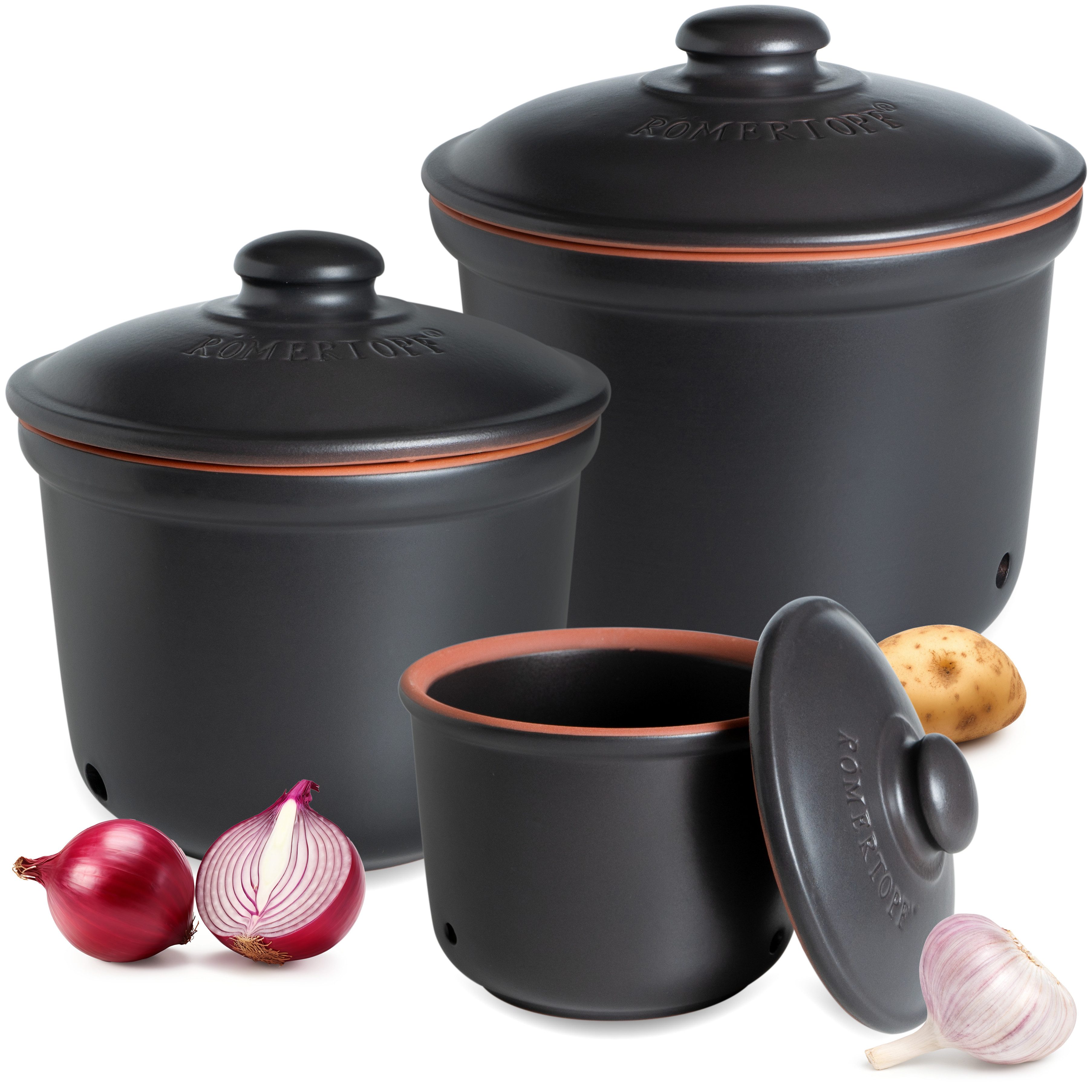 RÖMERTOPF Vorratsdose Frische-Topf 3er Set, Schwarz, Keramik, (Set), aus Naturton