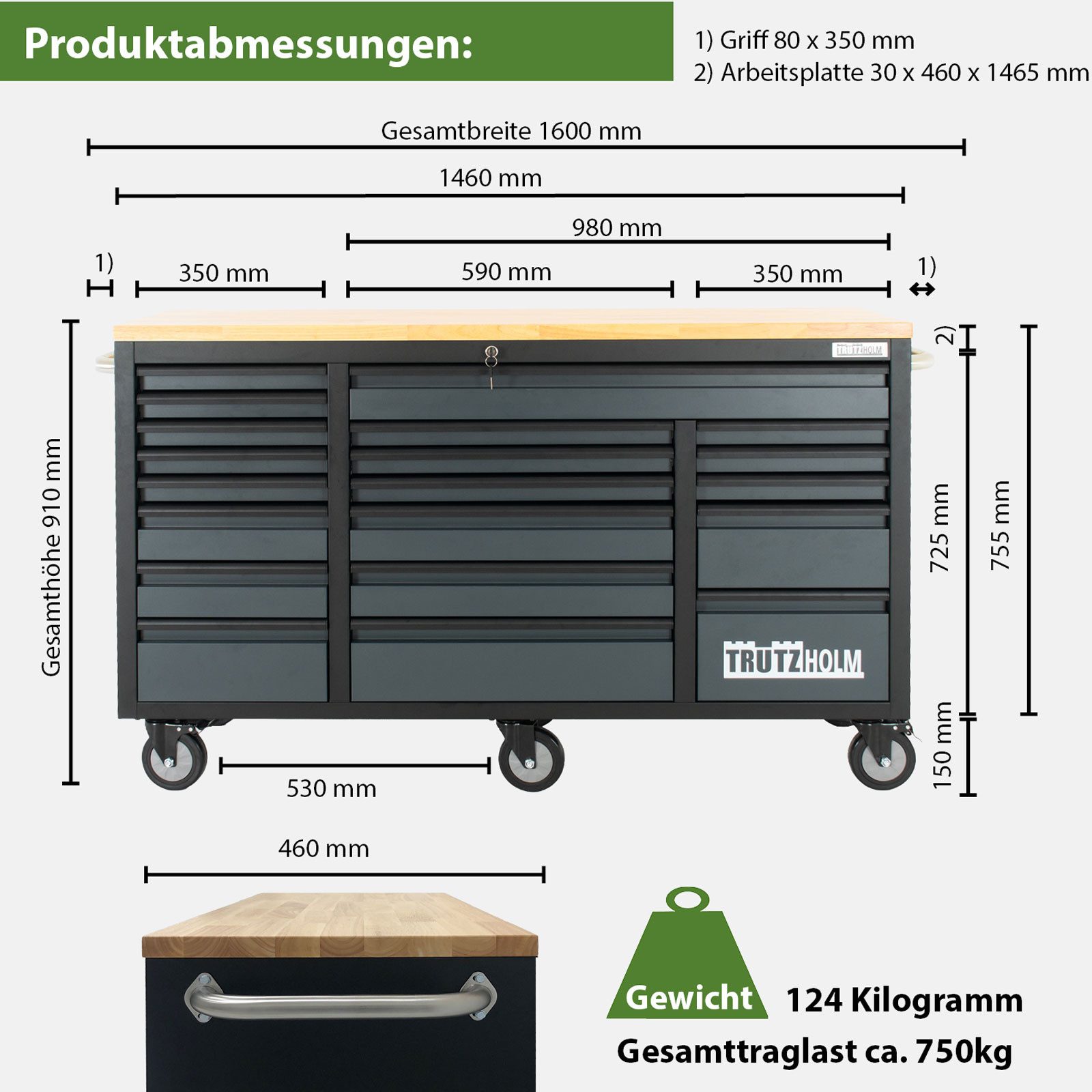 TRUTZHOLM Werkstattwagen Deluxe XXL 160x91cm 20 Schubladen gefüllt 254tlg CRV Anthrazit, Werkstattwagen DELUXE XXL mit 20 Schubladen 254 tlg. bestückt, max. Traglast:750 kg, 254-tlg. Werkzeugset, (Set, 254-tlg), Arbeitsfläche aus massivem Hartholz