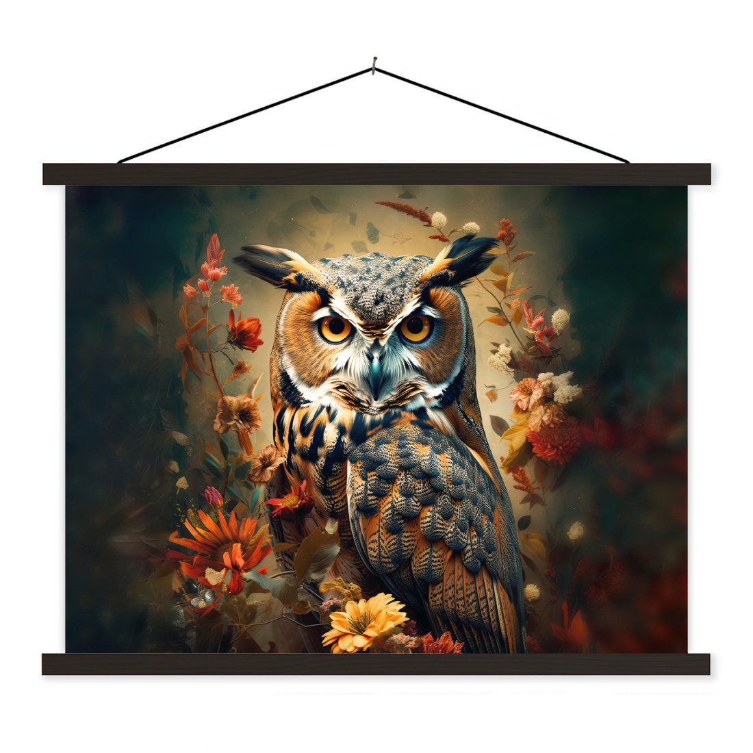 Poster Eule - Vogel - Blumen - Botanisch