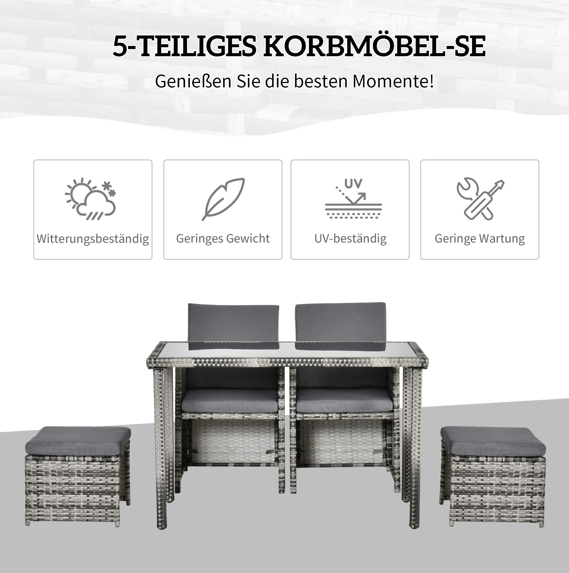 REDOM Sitzgruppe Polyrattan Gartenmöbel-Set für 4 Personen in Grau, (Set, 5-tlg., Garten-Essgruppe mit Sitzkissen für Terrasse und Balkon), Gartenset mit wetterbeständigen Materialien für den Außenbereich
