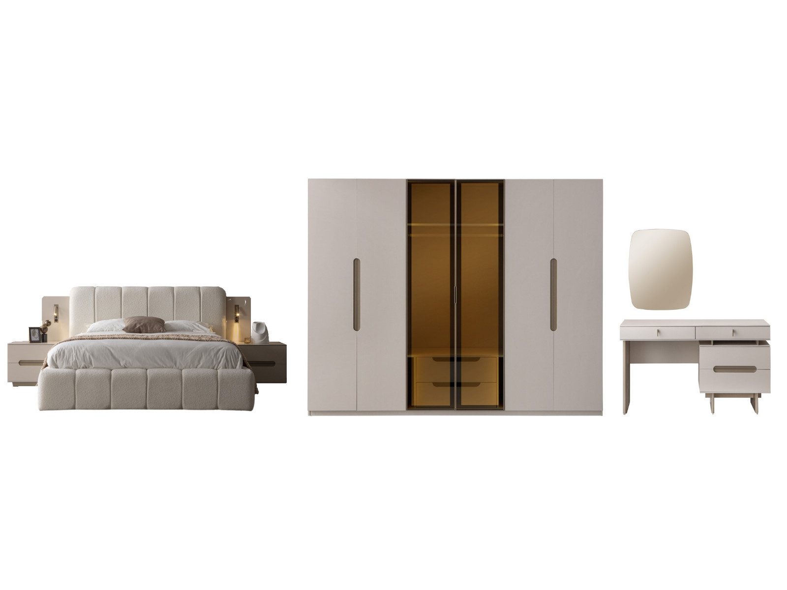 Villa Möbel Schlafzimmer-Set Maldiv, (Schlafzimmer-Set, 5-tlg., Bett mit Kopfteil, 2 Nachttische, Kleiderschrank und Kommode), Polsterbett Beleuchtung Kleiderschrank Glastüren Kommode Spiegel