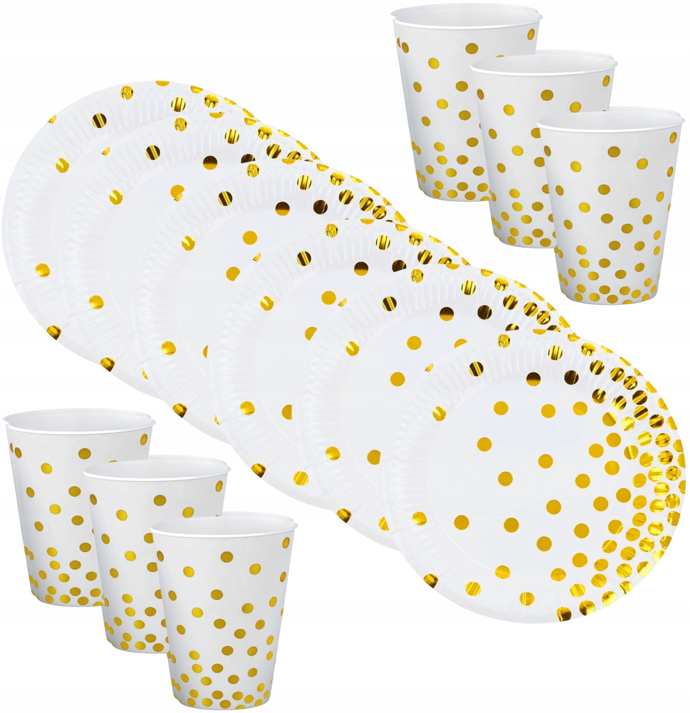 partydeco Pappteller Elegante Einweggeschirr-Set in Weiß mit goldenen Punkten