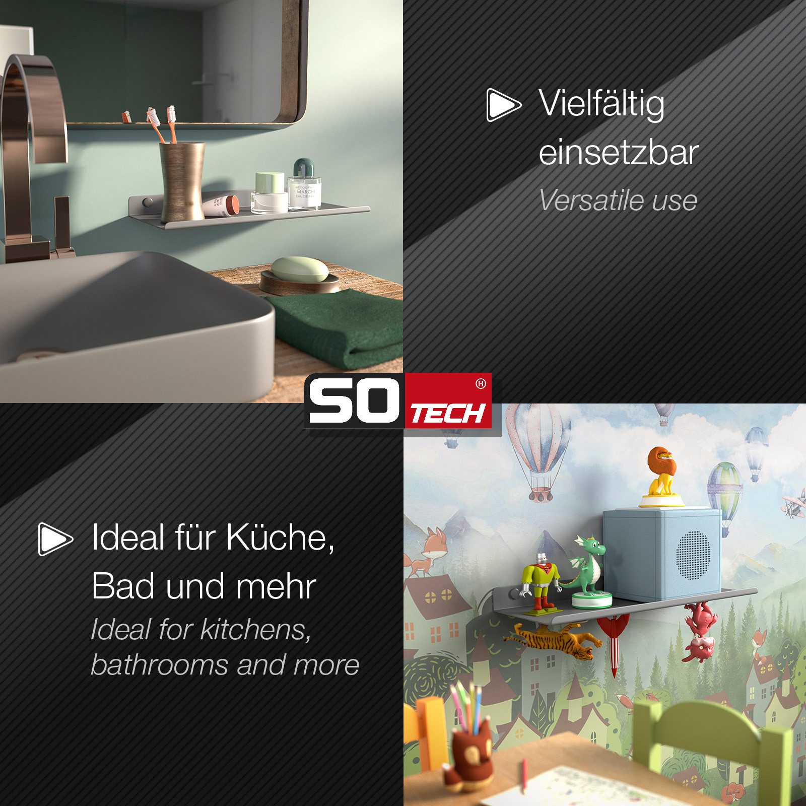 SO-TECH® Wandregal Schweberegal HOVER 35/45 x 13 x 3 cm inkl. Befestigungsset, 1-tlg., Wandmontage, für Bad Küche oder Wohnzimmer, Anthrazit – Bild 5 von 5