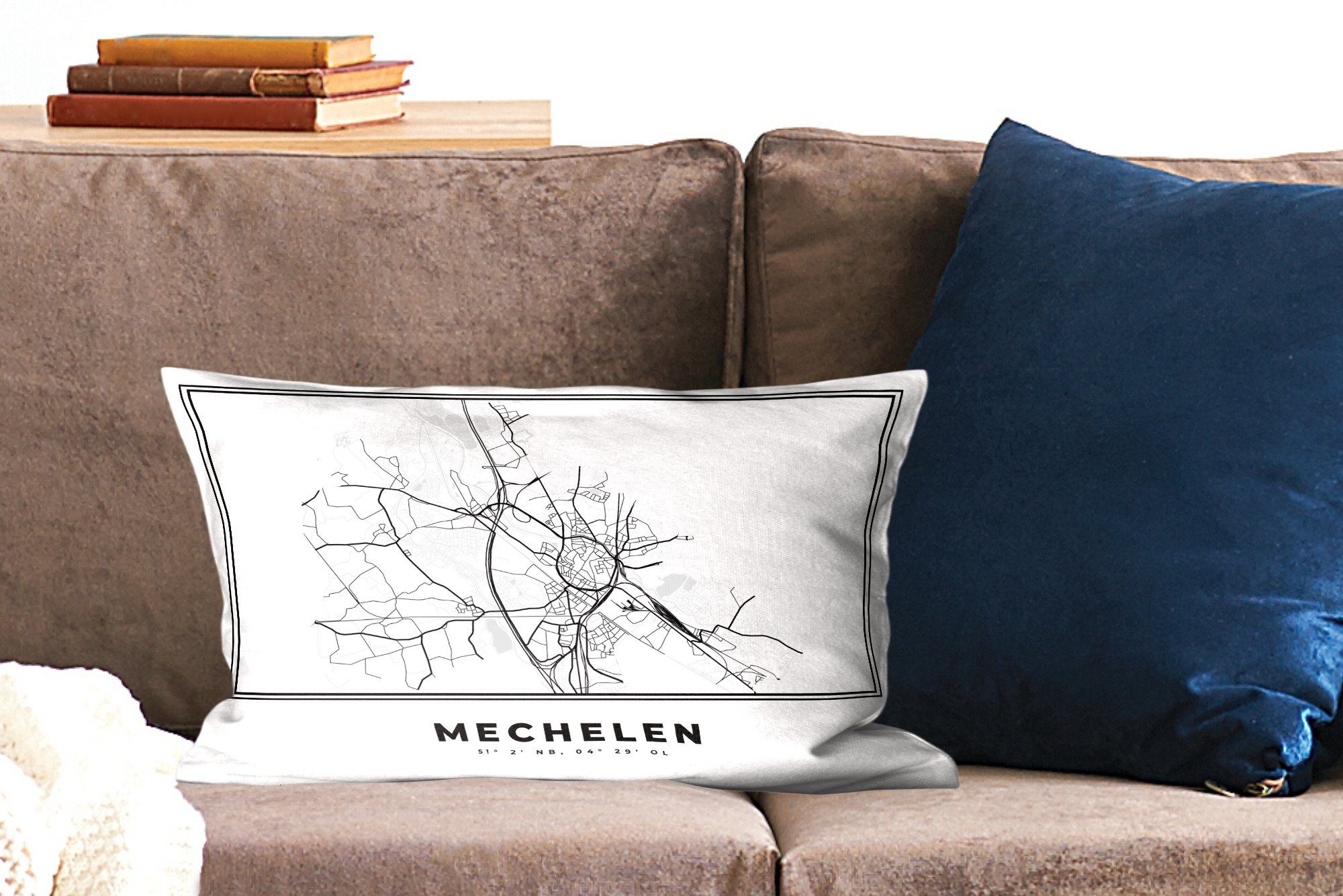und weiß Karte, Wohzimmer Mechelen Dekoration, Dekokissen mit - Stadtplan Karte - MuchoWow - Füllung, - Zierkissen, - Schlafzimmer Schwarz Dekokissen Belgien
