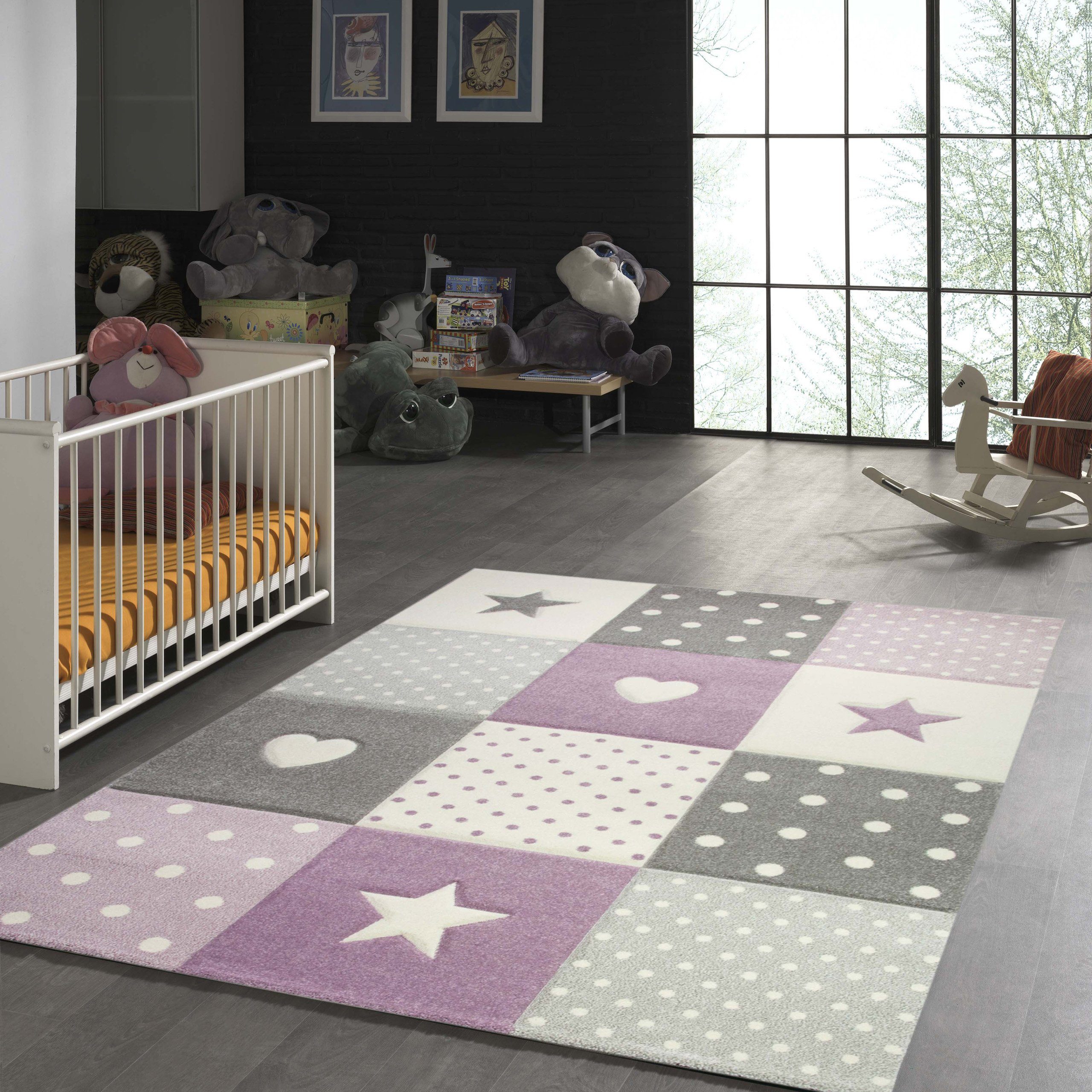 TeppichHome24 Kinderteppich Kinderteppich mit Stern Herz in Lila Grau Creme, rechteckig, Höhe: 1.3 mm
