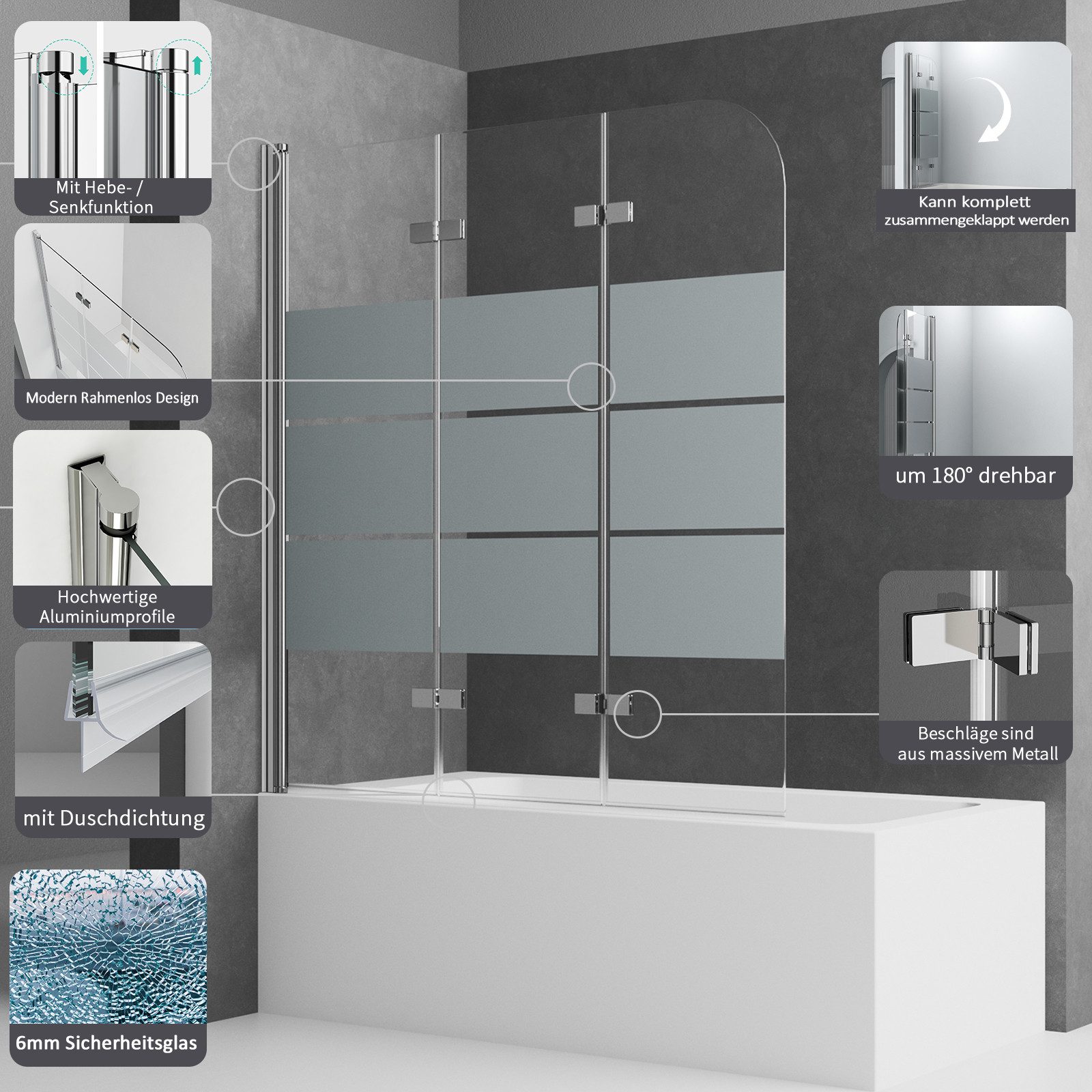 Boromal Badewannenfaltwand Duschwand für Badewanne 3-teilig Badewannenaufsatz Faltbar 120-140cm, Einscheibensicherheitsglas, (mit / ohne Seitenwand), Badewannenfaltwand 6mm ESG