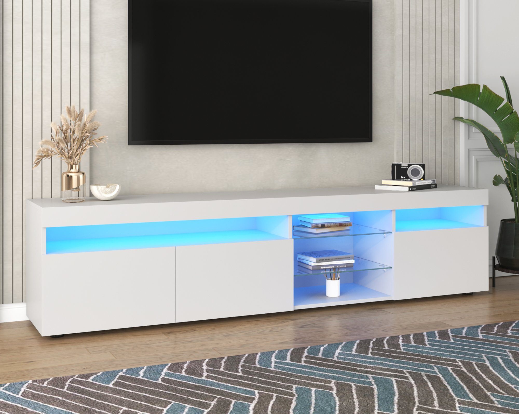WISHDOR TV-Schrank Fernsehschrank TV-Lowboard Variable LED-Beleuchtung Weiß
