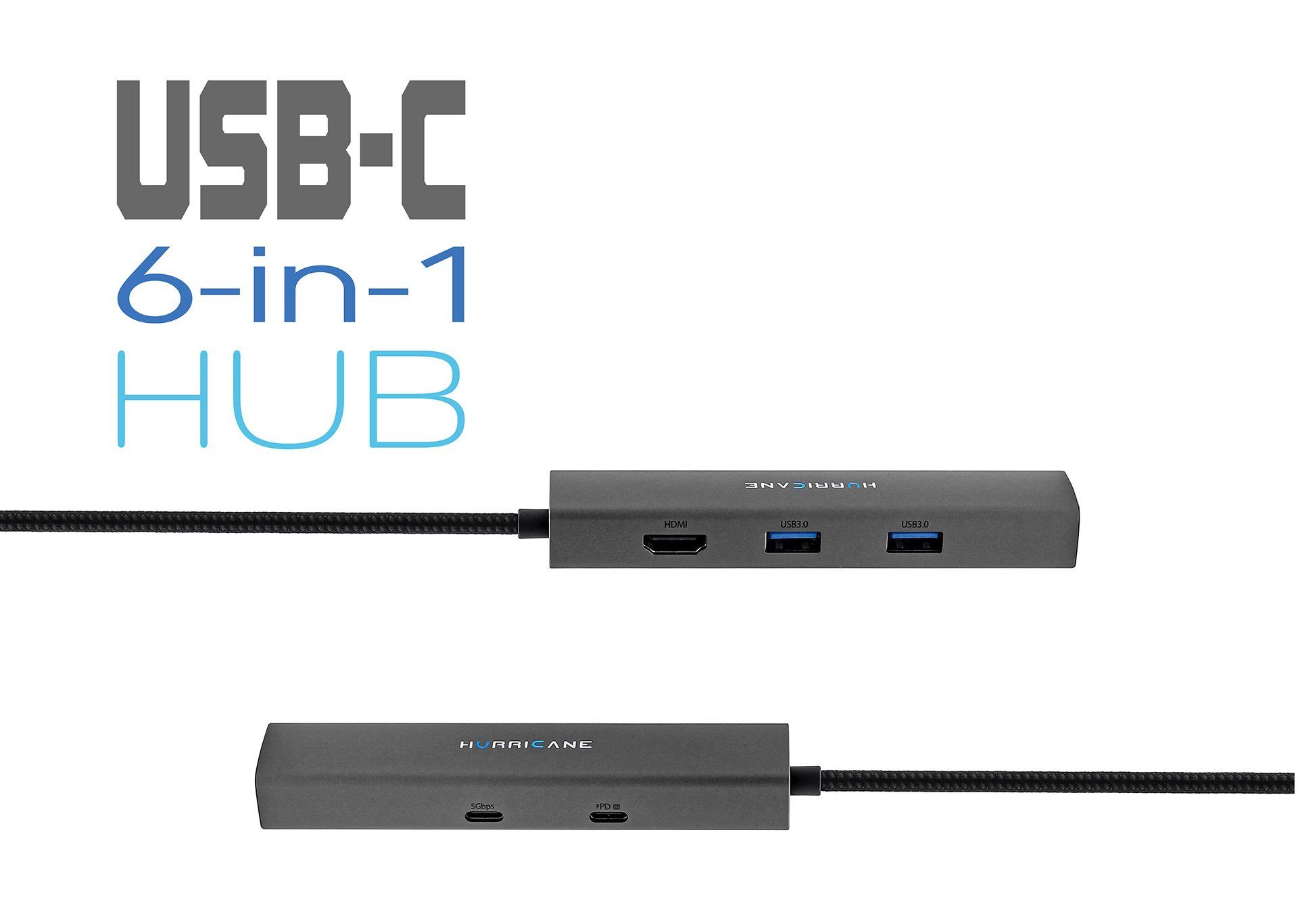 HURRICANE Laptop-Dockingstation 6 in 1 Port USB-Verteiler USB-C HUB 100W PD LAN Ethernet RJ45 4K HDMI, kompatibel mit Laptop, Notebook, MacBook, PC, HDD