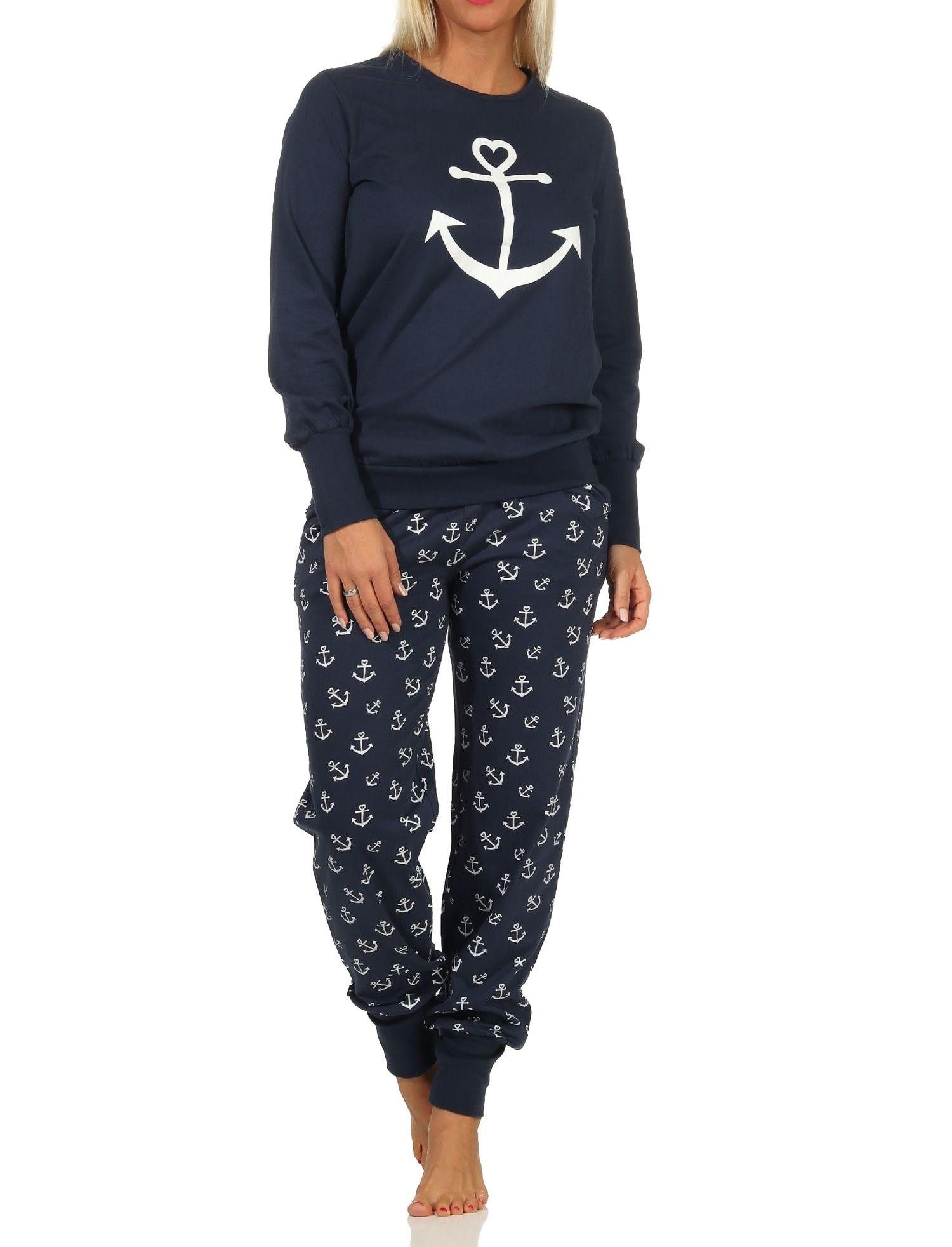 Normann Pyjama Damen Schlafanzug mit Bündchen in maritimer Optik mit Anker als Motiv – Bild 3 von 5