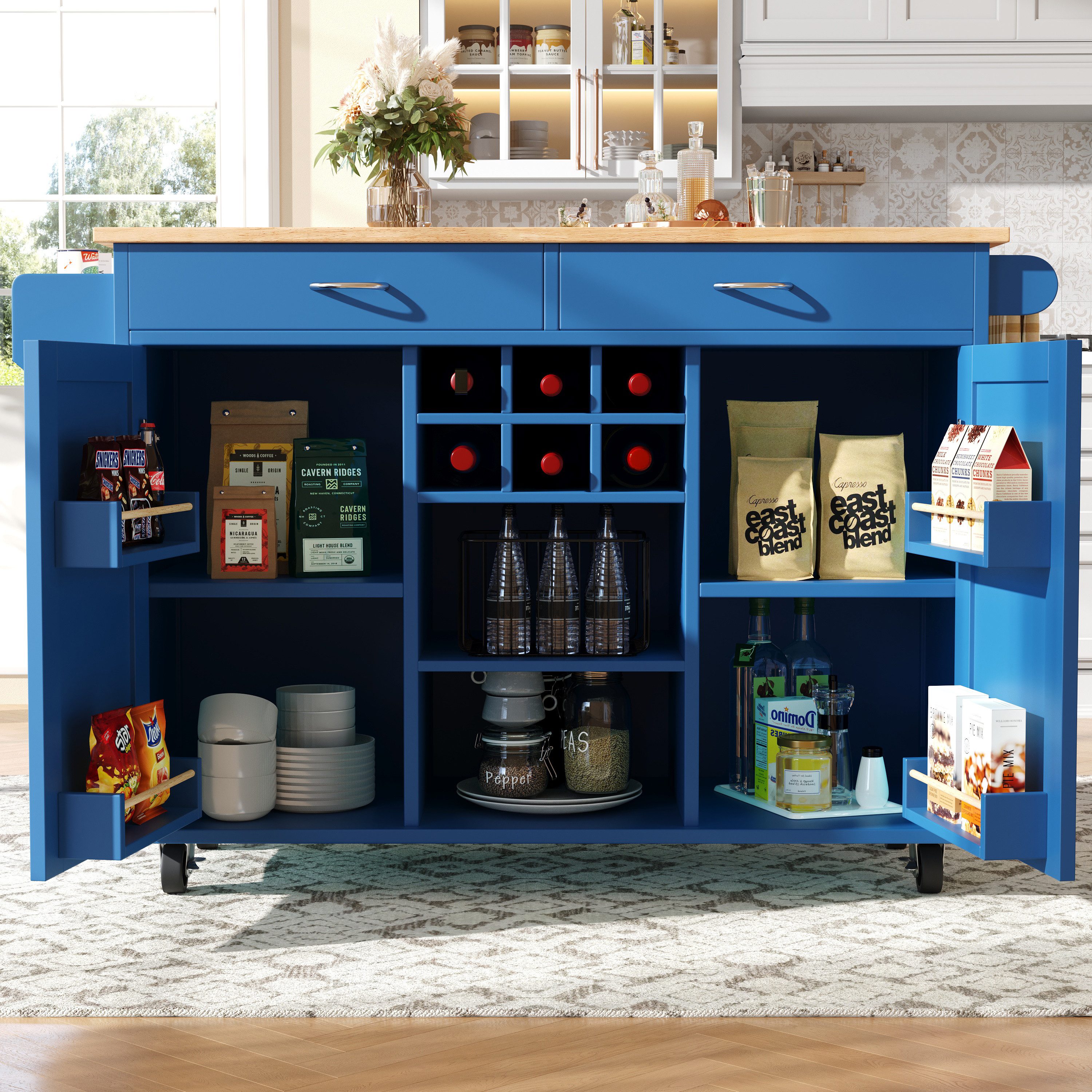i@home Kücheninsel mit Stauraum, Küchenwagen mit Arbeitsplatte, 102×45×92 cm, 360° drehbare Rollen, Herausnehmbares Weinregal