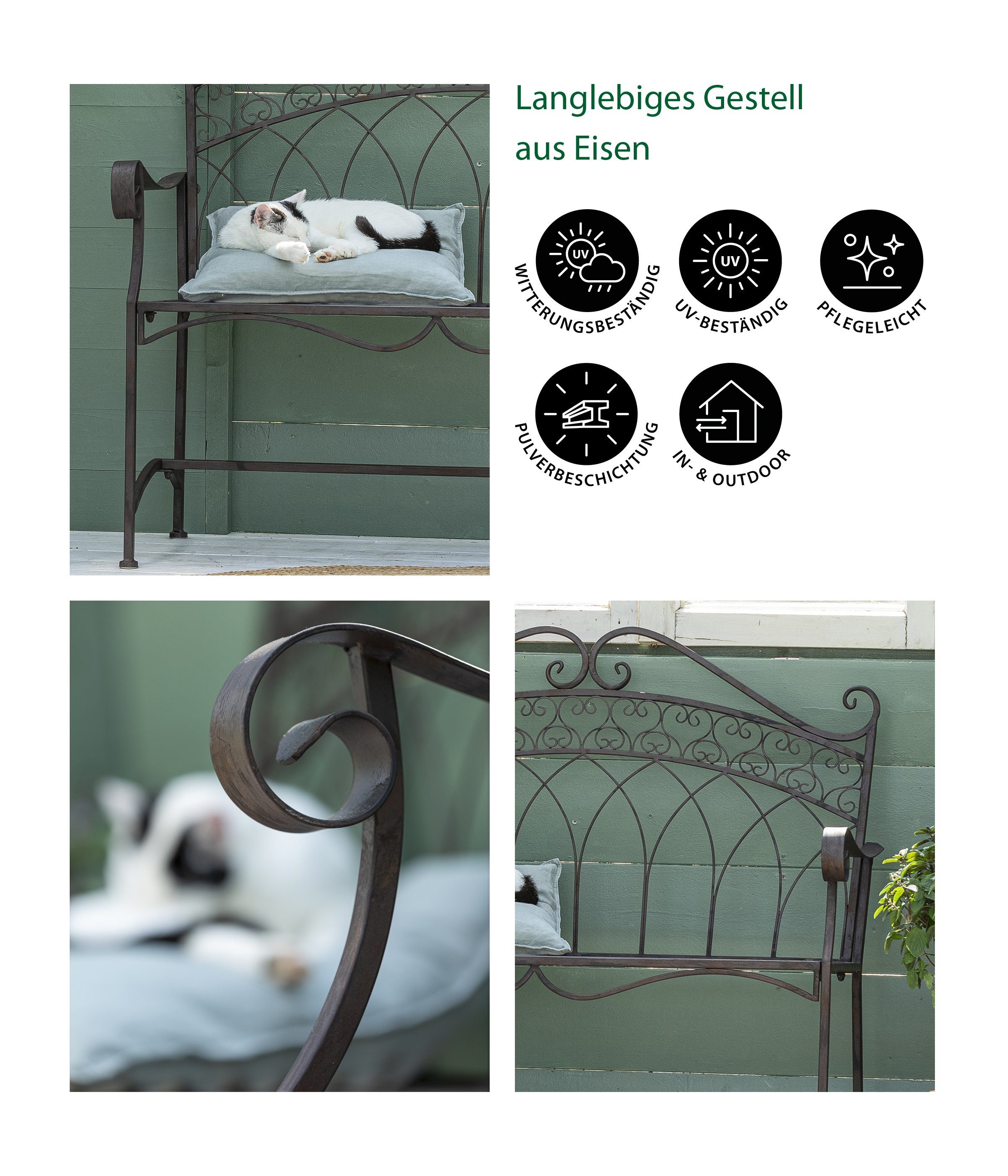 Dehner Gartenbank Antik, 2-Sitzer, 110 x 55 x 103.5 cm, Metall, Vintage Bank aus hochwertigem, robustem Eisen