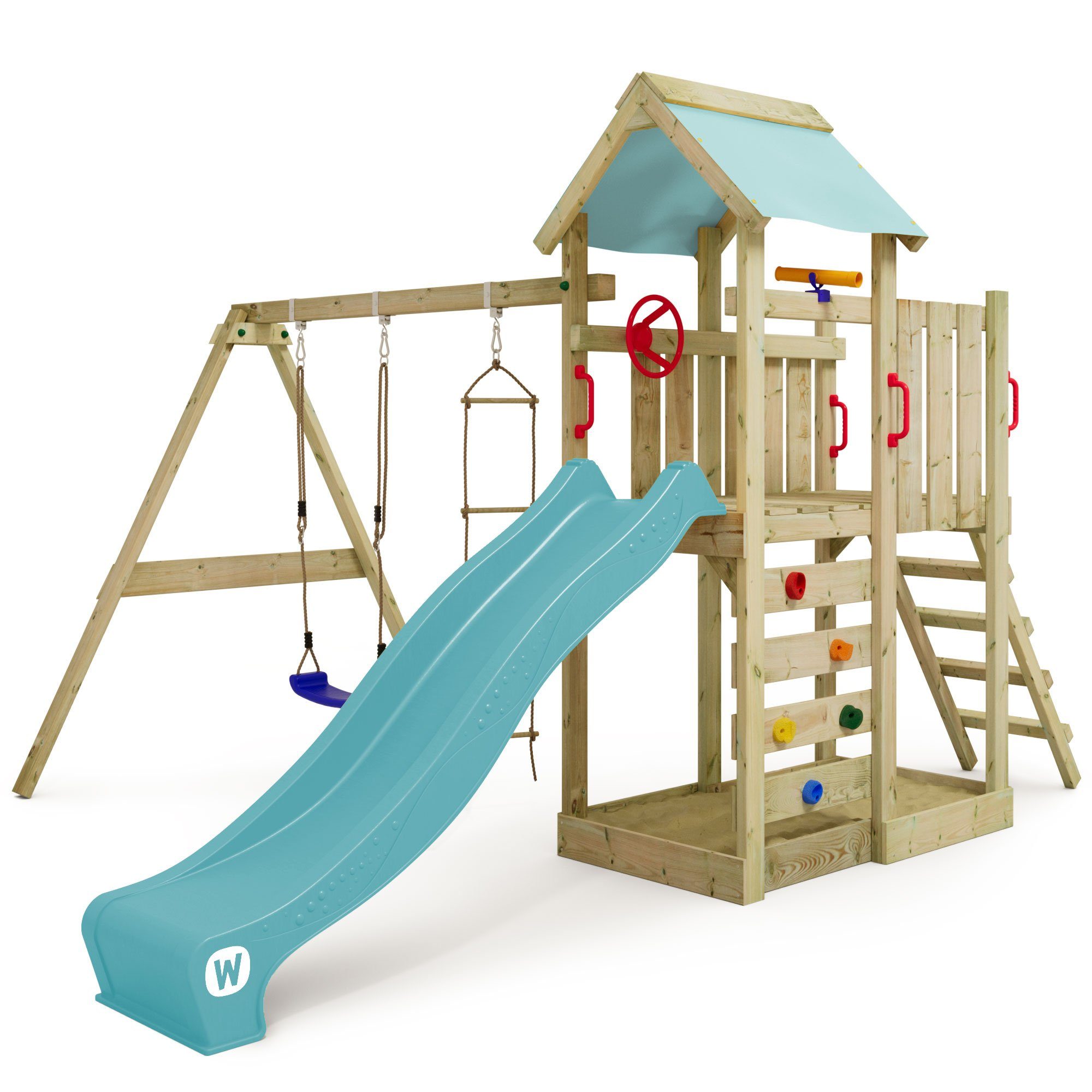 Wickey Spielturm MultiFlyer mit Schaukel & Rutsche und Kletterleiter, 10-Jahre Garantie*, Integrierter Sandkasten, Klettersteine