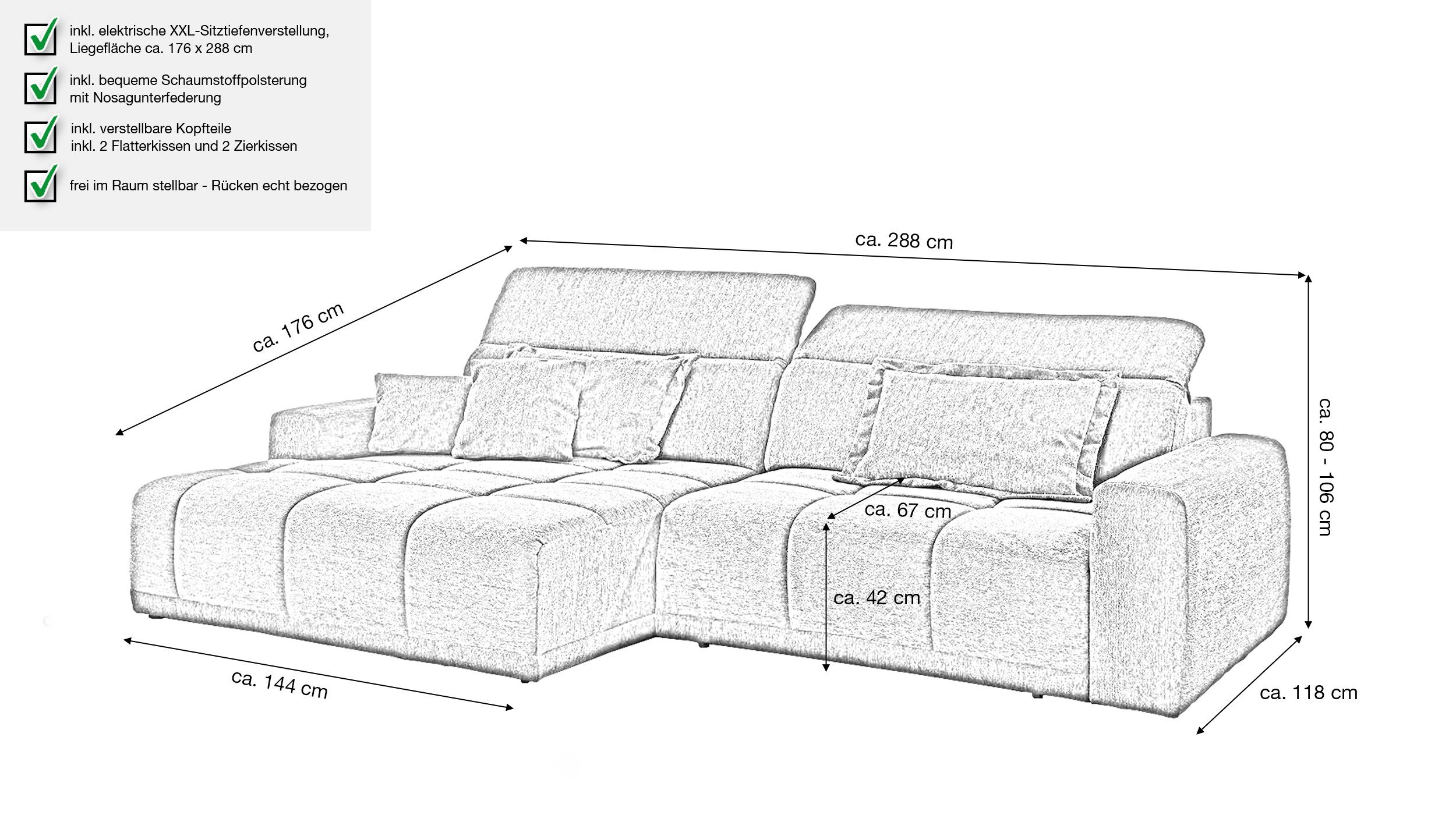 Massivart® Ecksofa Bouclé Bezug / 288 cm / elektrische Sitztiefenverstellun günstig online kaufen