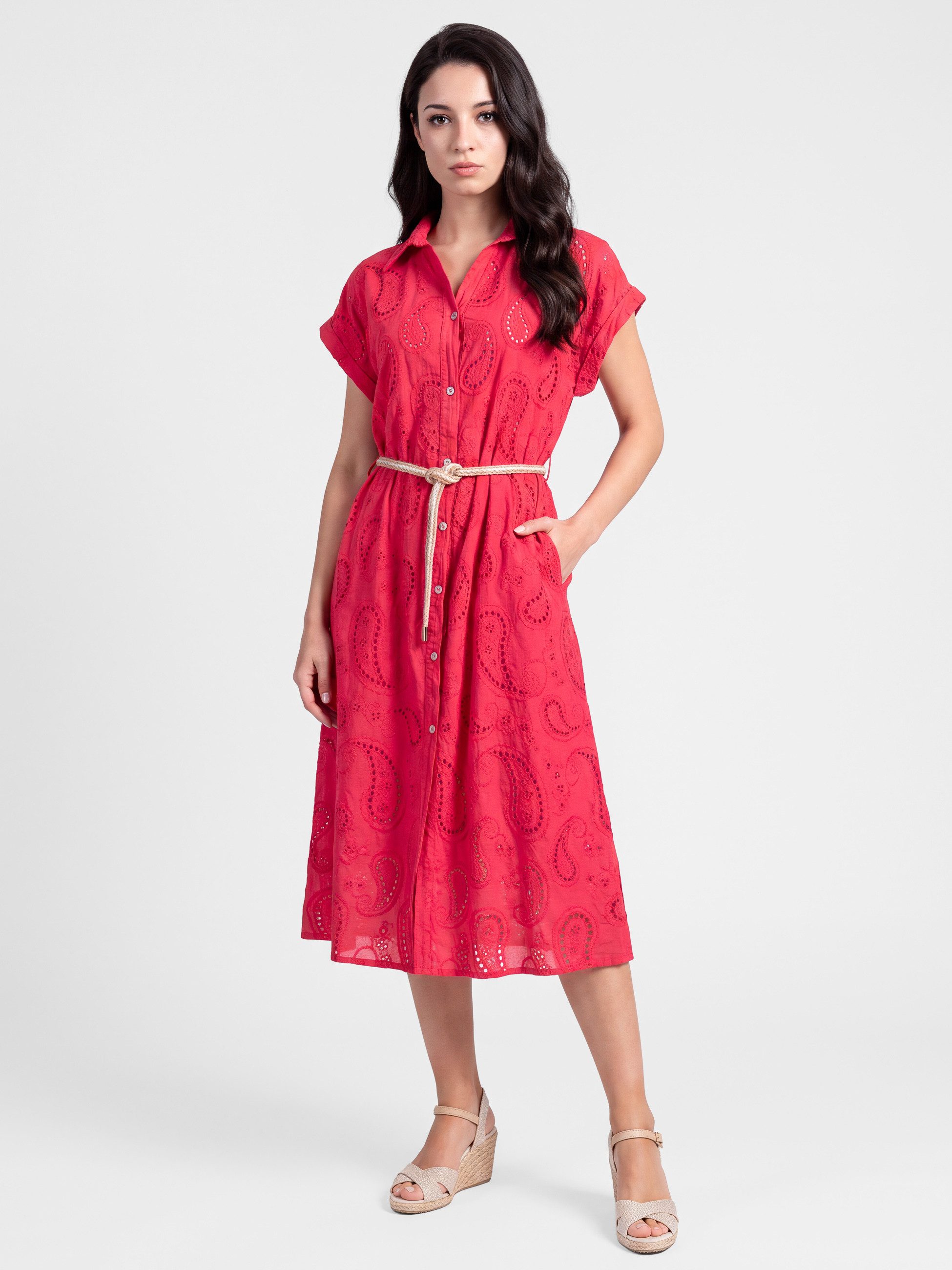 PEKIVESSA Sommerkleid Hemdblusenkleid mit Lochstickerei und Gürtel in Midilänge