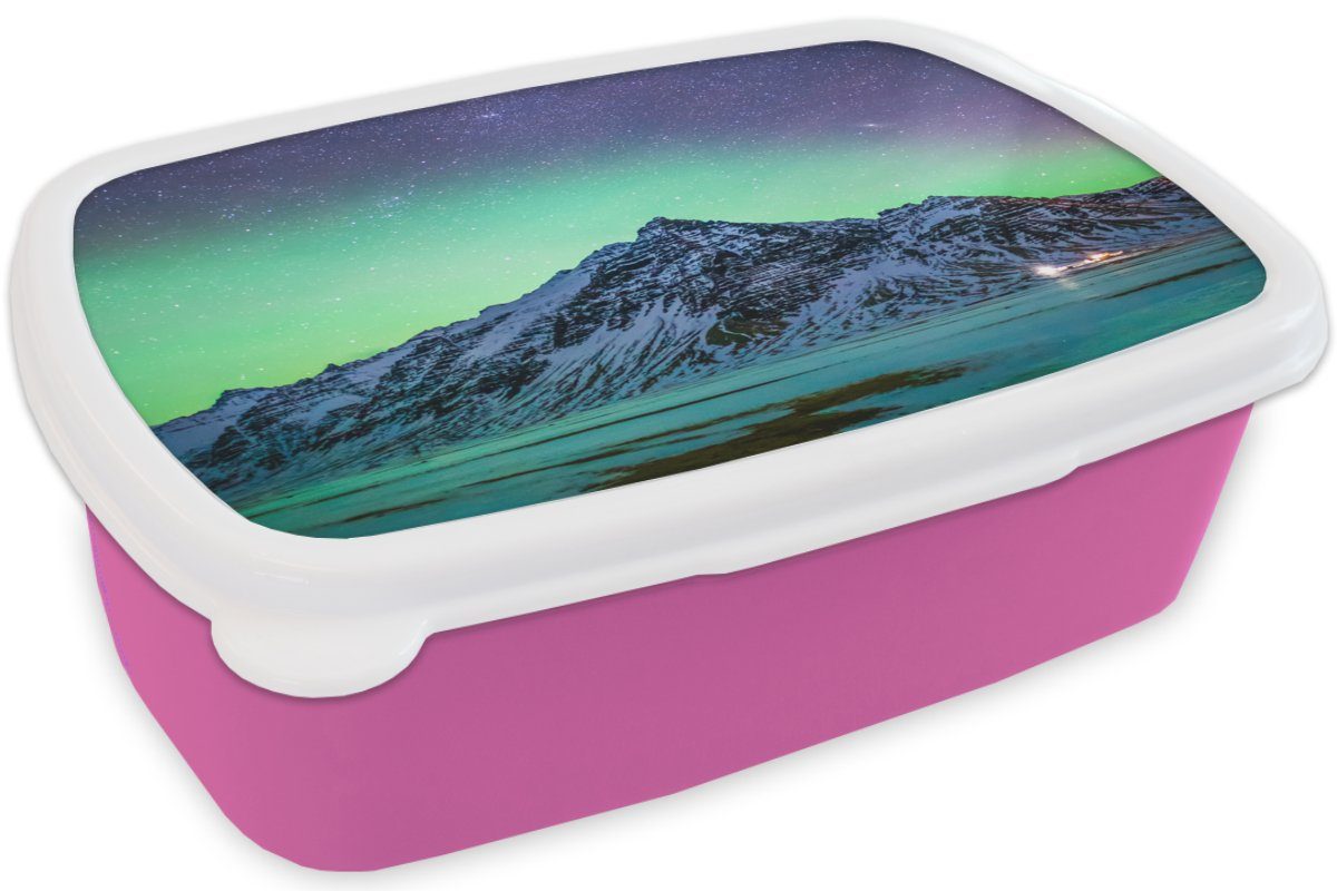 MuchoWow Lunchbox Berg - Nordlichter - für Snackbox, - Brotdose Mädchen, Winter, - Erwachsene, Schnee (2-tlg), Kunststoff - Kunststoff, Schweden Grün rosa Brotbox Kinder