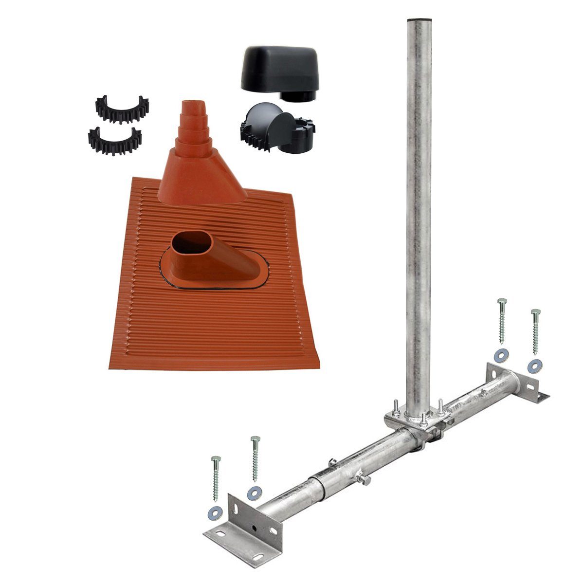 PremiumX SAT-Halterung Dachsparrenhalter Montage Set feuerverzinkt 1m Mast Ziegel Mastkappe