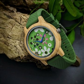 Holzwerk Quarzuhr WIESENTAL Damen Holz Uhr mit Silikon Armband & Blumen Muster, grün