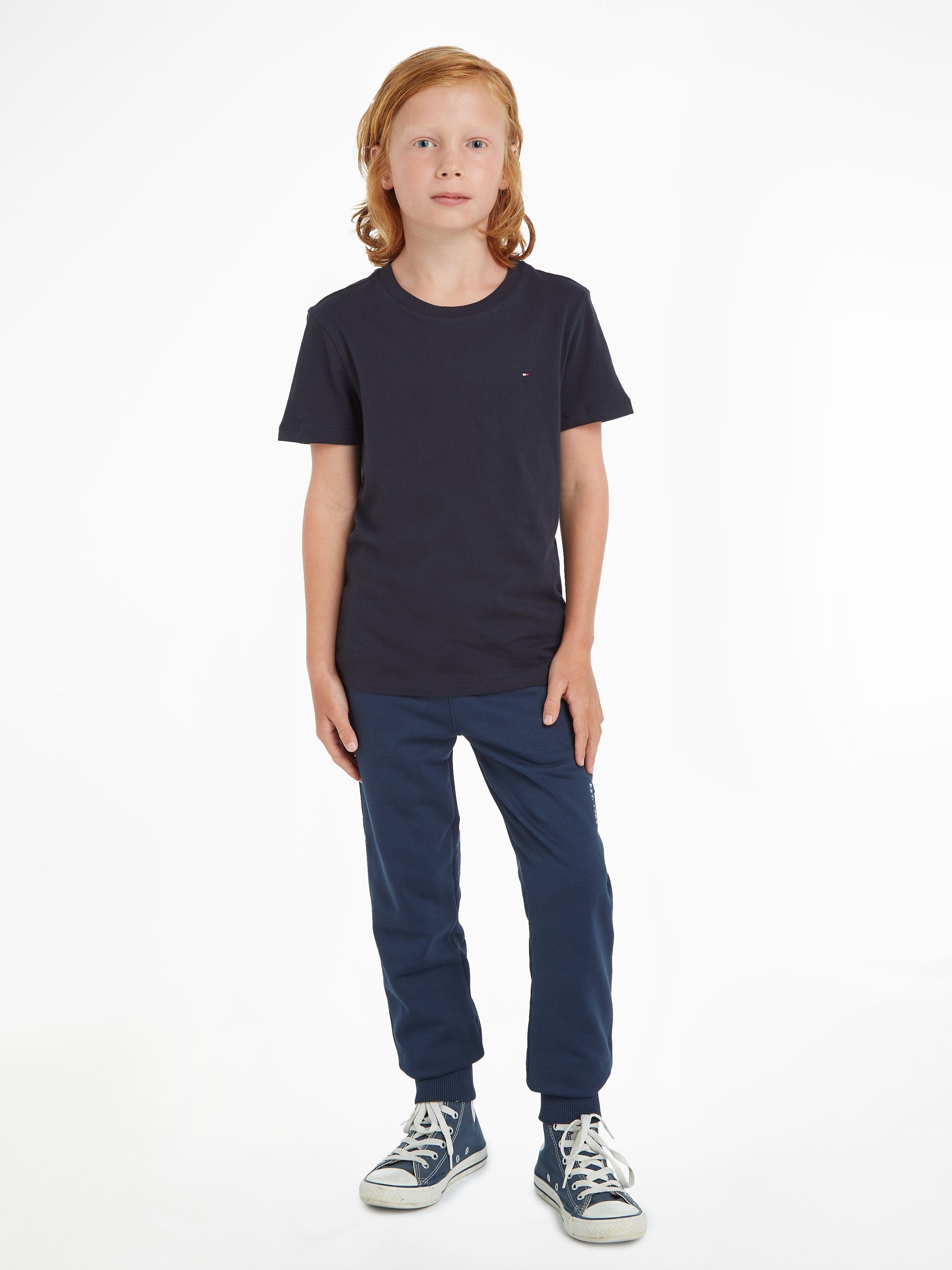 Jungen, am T-Shirt Ausschnitt BOYS hinten und Label Kinder BASIC farbigem Stickerei Tommy Kids Junior MiniMe,für CN Mit Hilfiger KNIT