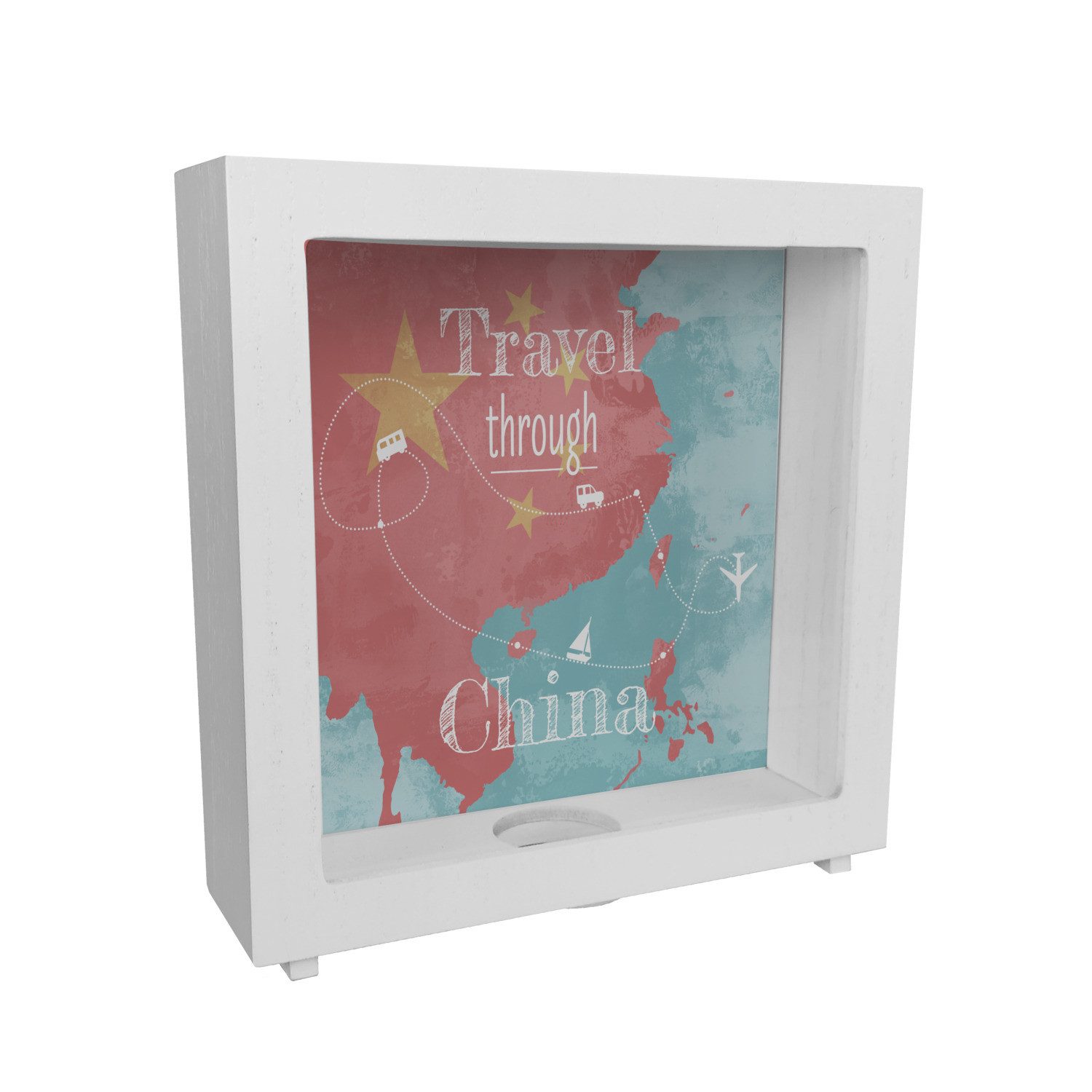 Spardose Rahmen Spardose aus Holz mit China Karte und Spruch travel through