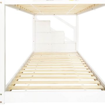 OKWISH Etagenbett Doppelbett, Kinderbett in Hausform (90 x 200 cm, ohne Matratze, weiß), Leiterschrank, Kiefernholz Haus Bett for Kids