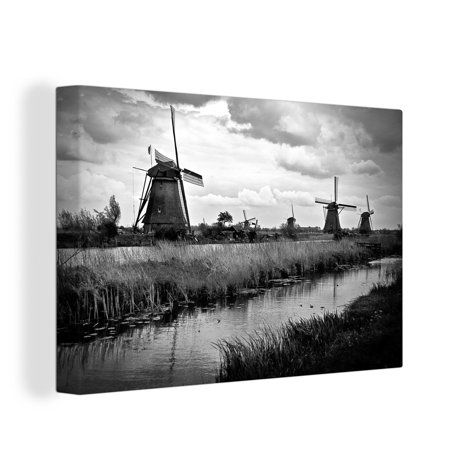 OneMillionCanvasses® Leinwandbild Windmühle - Niederlande - Wasser - Schwarz - Weiß, (1 St), Wandbild Leinwandbilder, Aufhängefertig, Wanddeko, 30x20 cm