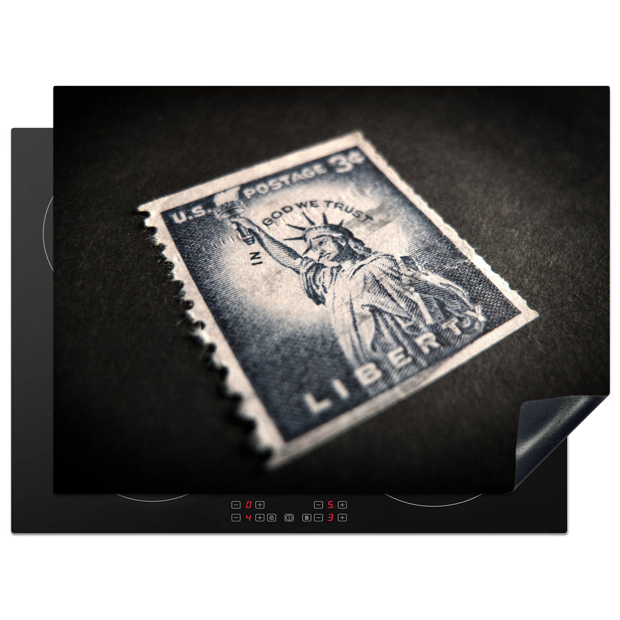 MuchoWow Herdblende-/Abdeckplatte Briefmarke Freiheitsstatue, Vinyl, (1 tlg), 70x52 cm, Mobile Arbeitsfläche nutzbar, Ceranfeldabdeckung