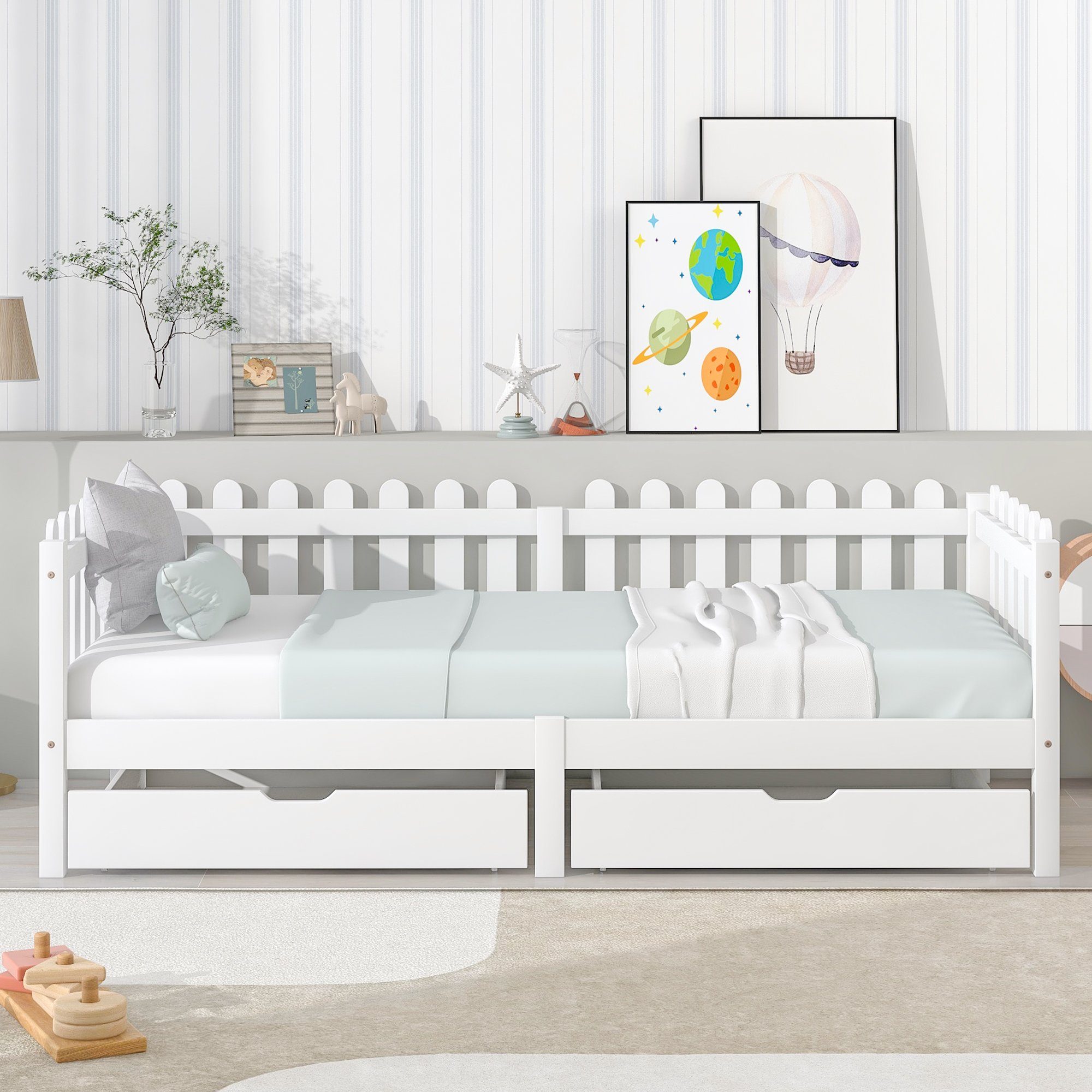 Daybett (1 tlg), Einzelbett Tagesbett Kinderbett mit Rausfallschutz, 2 MDF Schubladen und Lattenrost, Kiefernholz, Bett 200x90cm