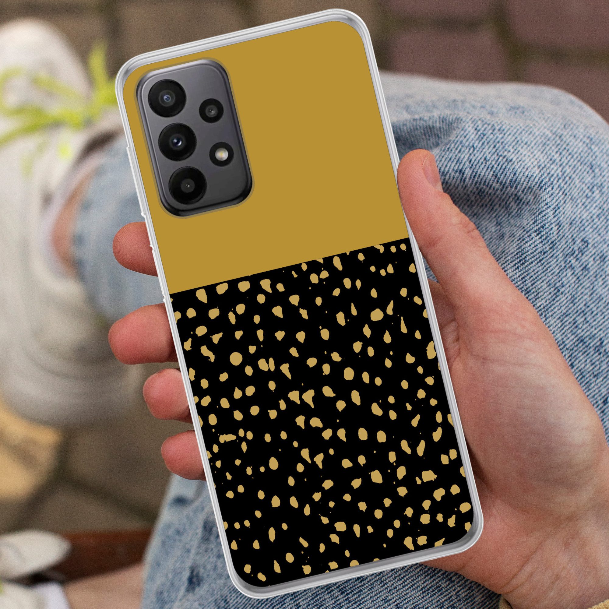 MuchoWow Handyhülle für Samsung Galaxy A23 5G Polka dots - Ockergelb - Schwarz, Smartphone-Bumper, Print, Handy Schutzhülle Dünn
