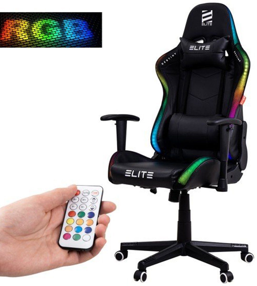 ELITE Gaming Gaming-Stuhl Ergonomischer Bürostuhl Destiny inkl. Rücken- & Nackenkissen (Racingstuhl Drehstuhl mit 2D-Armstützen, verriegelbare Wippmechanik, mechanische Härtegradeinstellung, verstellbare Sitzhöhe, 90° klappbare Rückenlehne, Sicherheits-Doppelrollen, 5-Stern Fußkreuz, 360 Grad horizontal drehbar, PVC Memory-Schaum, Sicherheitsgasdruckfeder, Hohe Belastbarkeit bis 150 kg, Chefsessel, Drehsessel, Racing Chair, Gaming Chair, Computerstuhl, Gaming Stuhl, Pflegeleicht, hochwertige Verarbeitung, Computer Stuhl mit Racing-Design, 1 St), Home Office Drehstuhl - Zockerstuhl mit RBG - bis 170 kg