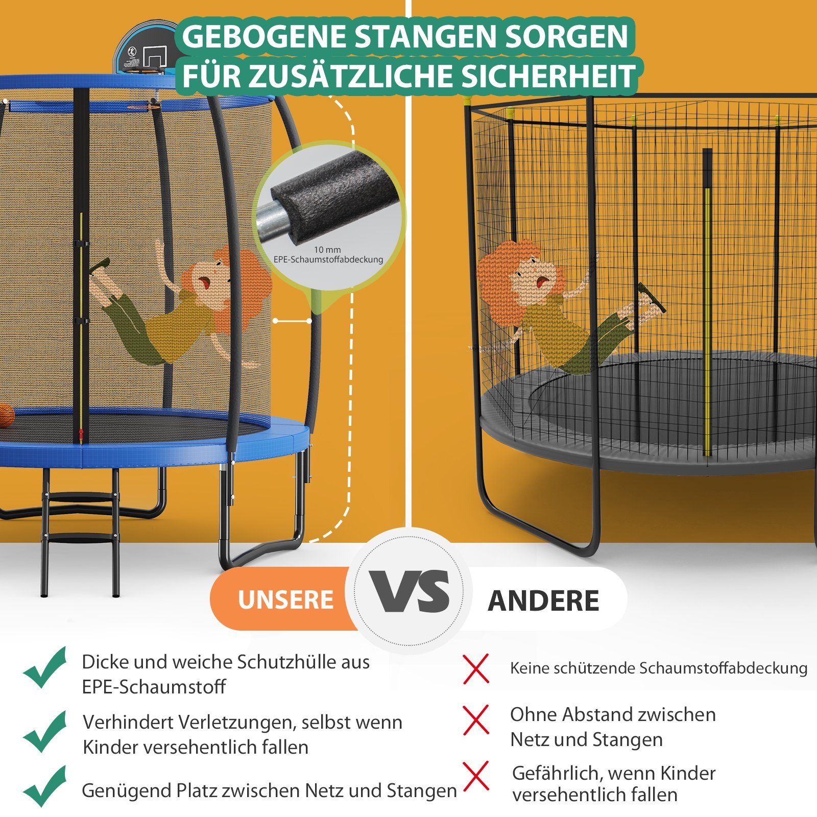 COSTWAY Gartentrampolin Fitnesstrampolin, (2 tlg), mit Basketball & Sicherheitsnetz