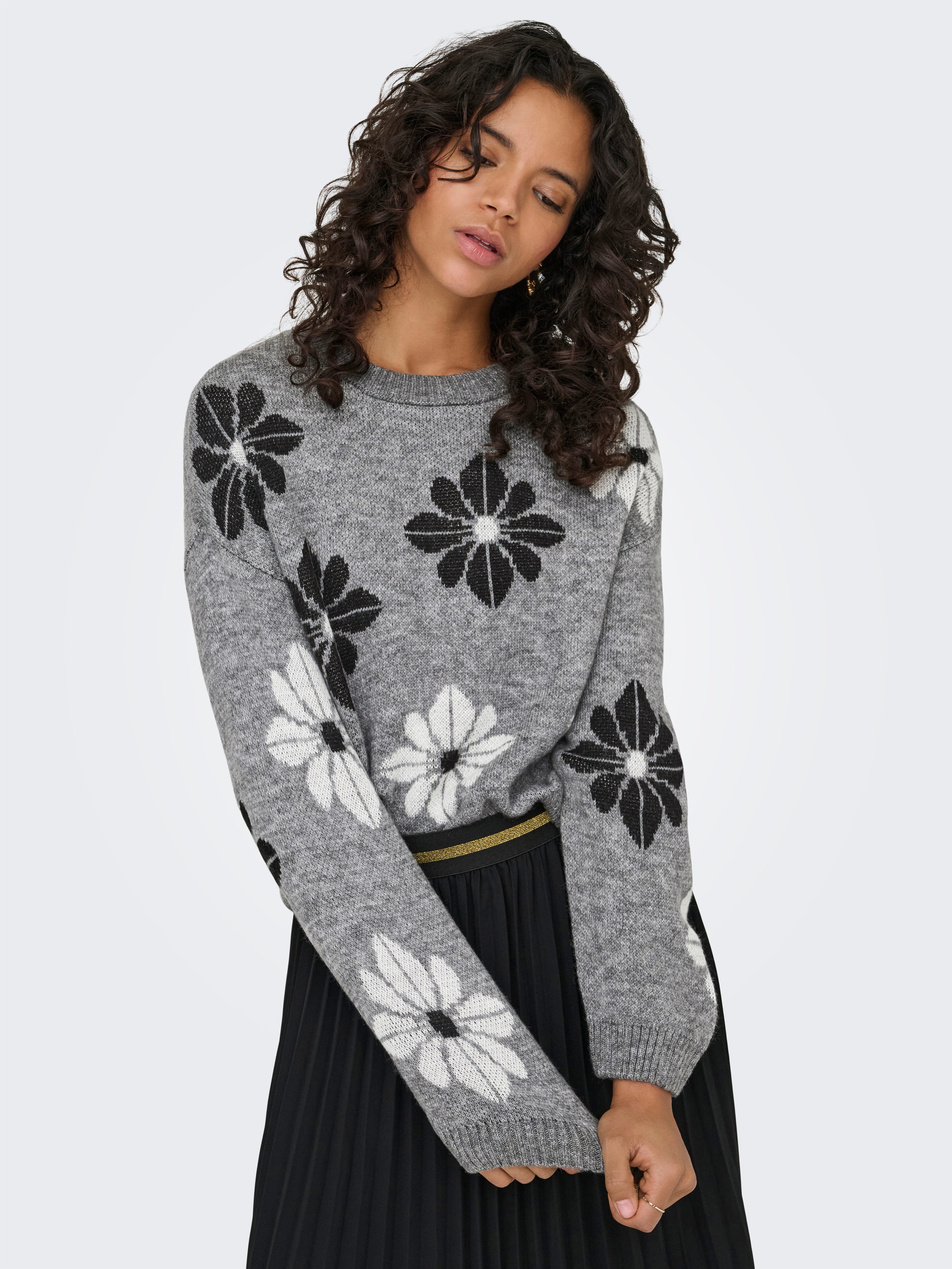 ONLY Rundhalspullover ONLFREESIA LS FLOWER O-NECK RP KNT mit Blümchen - Str günstig online kaufen