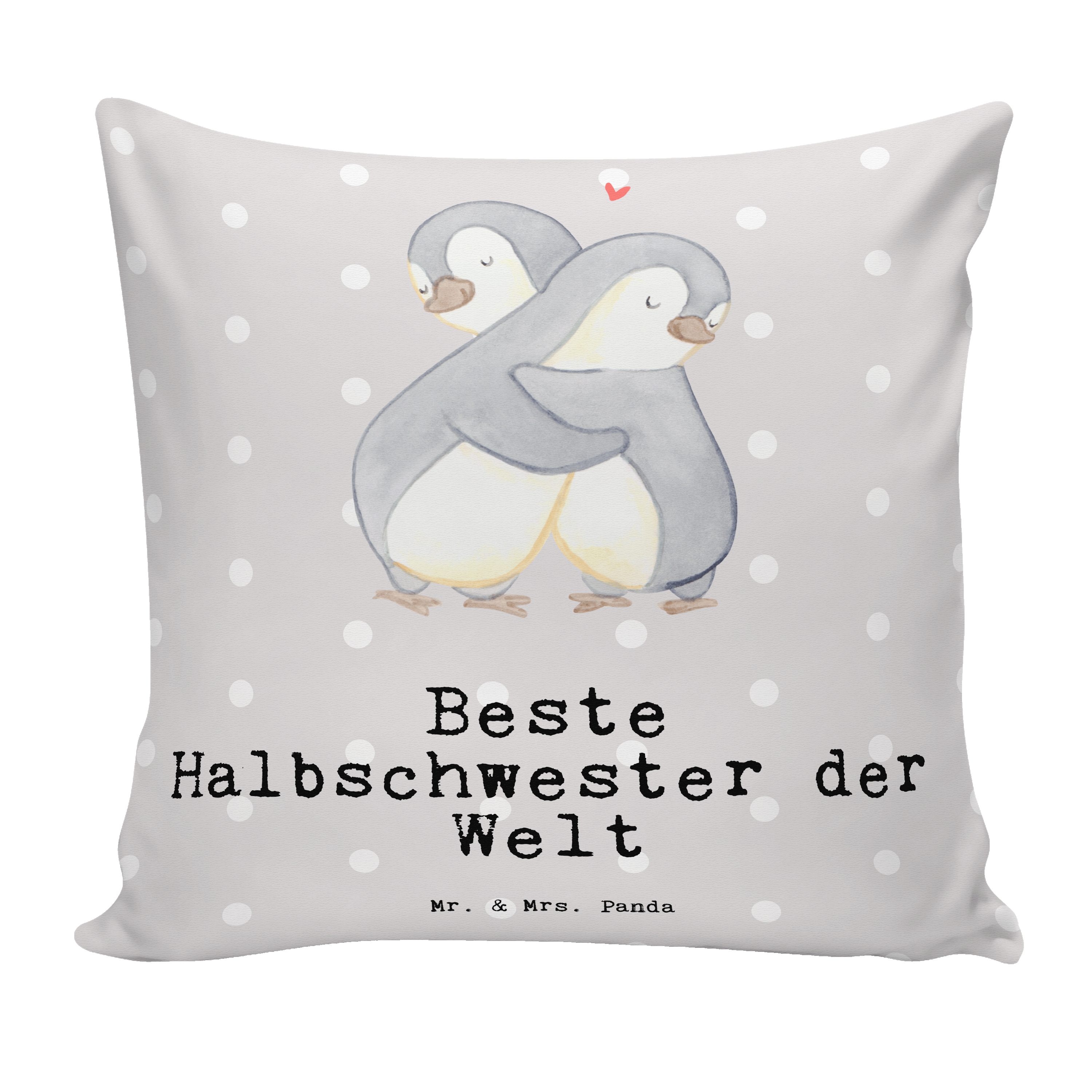 Mr. & Mrs. Panda Dekokissen Pinguin Beste Halbschwester der Welt - Grau Pastell - Geschenk, Kisse