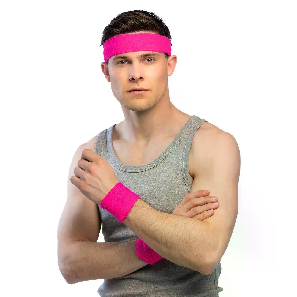Boland Kostüm Schweißband Set 3-teilig neonrosa UV Stirnband und Armbänder für Party, Ideral für 80-er Jahre Mottoparty, UV-Effekt unter Schwarzlicht