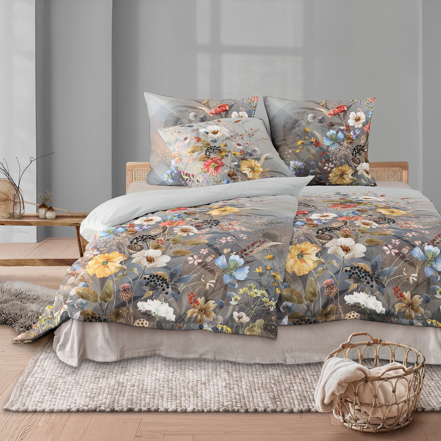Irisette Bettwäsche Irisette Flausch Cotton Bettwäsche Zobel 8707-90 Blumen grau 135x200, Flausch-Cotton, 2 teilig