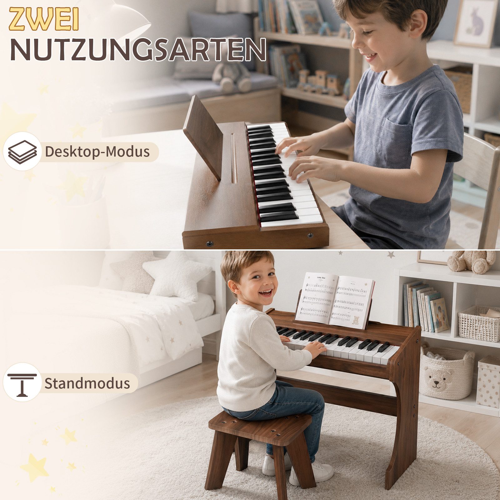 LALAHO Digitalpiano Kinder E-Piano 37 Tasten Kinder Klavier Komplett Set, Kinder-Keyboard,Kinderklavier aus Holz für ab 3 Jahren – Bild 5 von 5