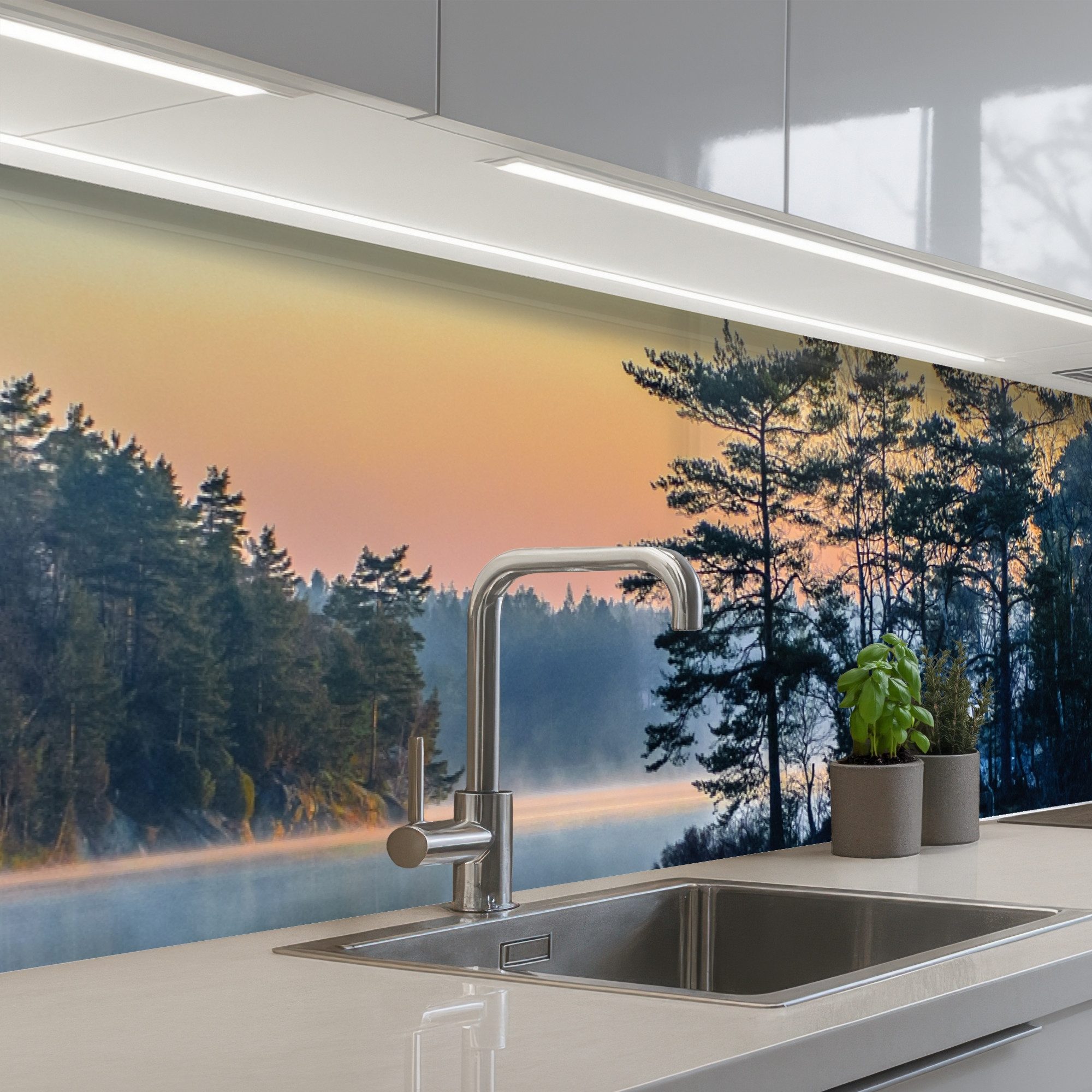 KitchenYeah Küchenrückwand selbstklebend (keine Folie) Wasser - Bäume - Natur - Landschaft, (1-tlg), Spritzschutz, Küche, Rückwand, Küchenwand, Ohne Bohren, 250x60 cm