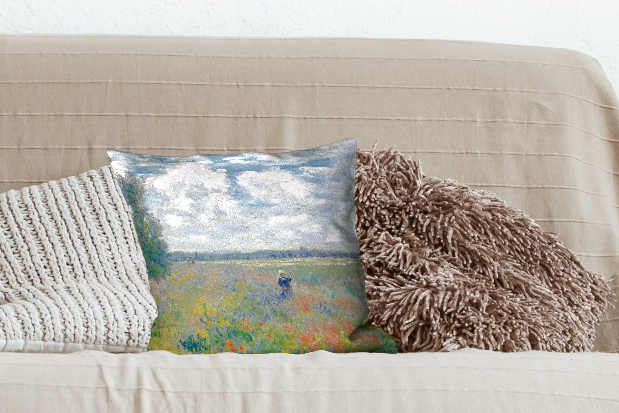 Wohzimmer, MuchoWow Argenteuil Mohnfeld Monet, - mit Dekokissen für Füllung Zierkissen bei Deko, Claude Sofakissen Schlafzimmer,