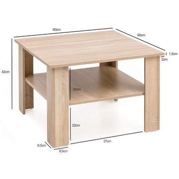 furnicato Couchtisch Gina Sonoma Eiche 60x60 cm Design Holztisch mit Ablage, Wohnzimmertisch