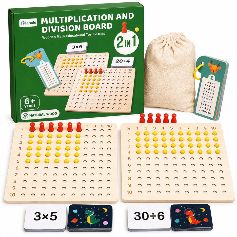 White Fox Studio Lernspielzeug 2-in-1 Holz-Rechenbrett – Multiplikation & Division ab 3 Jahren (Rechnen, 1-St., Division Multiplikation), 2-in-1 Funktion: Multiplikation & Division in einem Brett